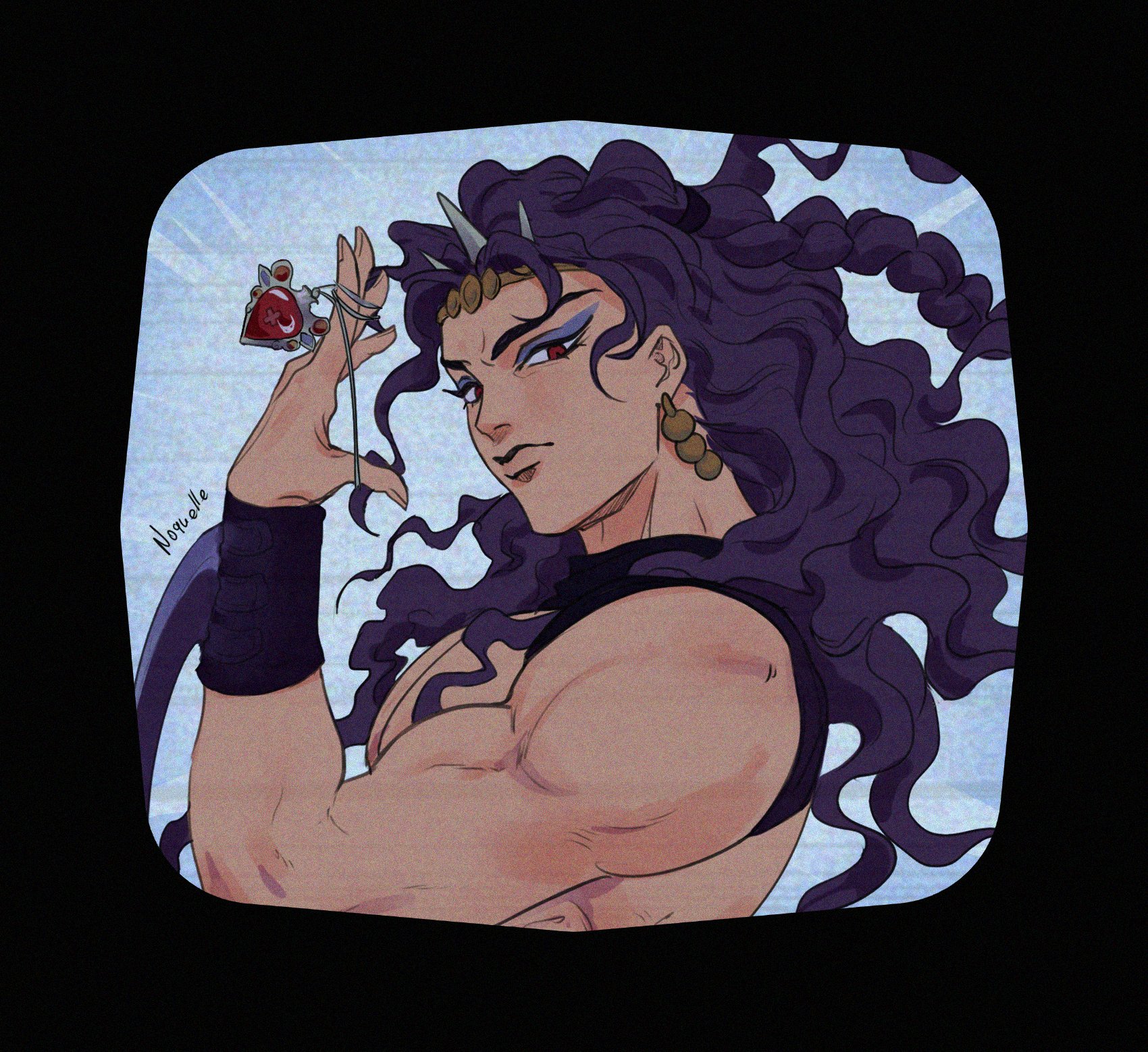 kars (jojo), battle tendency, jojo no kimyou na bouken, commentary, english commentary, highres, 1boy, arm blade, arm up, blue eyeshadow, earrings, eyeshadow, headband, holding, holding jewelry, holding necklace, horns, jewelry, looking at viewer, makeup, male focus, muscular, muscular male, necklace, noquelle art, purple hair, red eyes, red stone of aja, solo, topless male, wavy hair, weapon, wristband