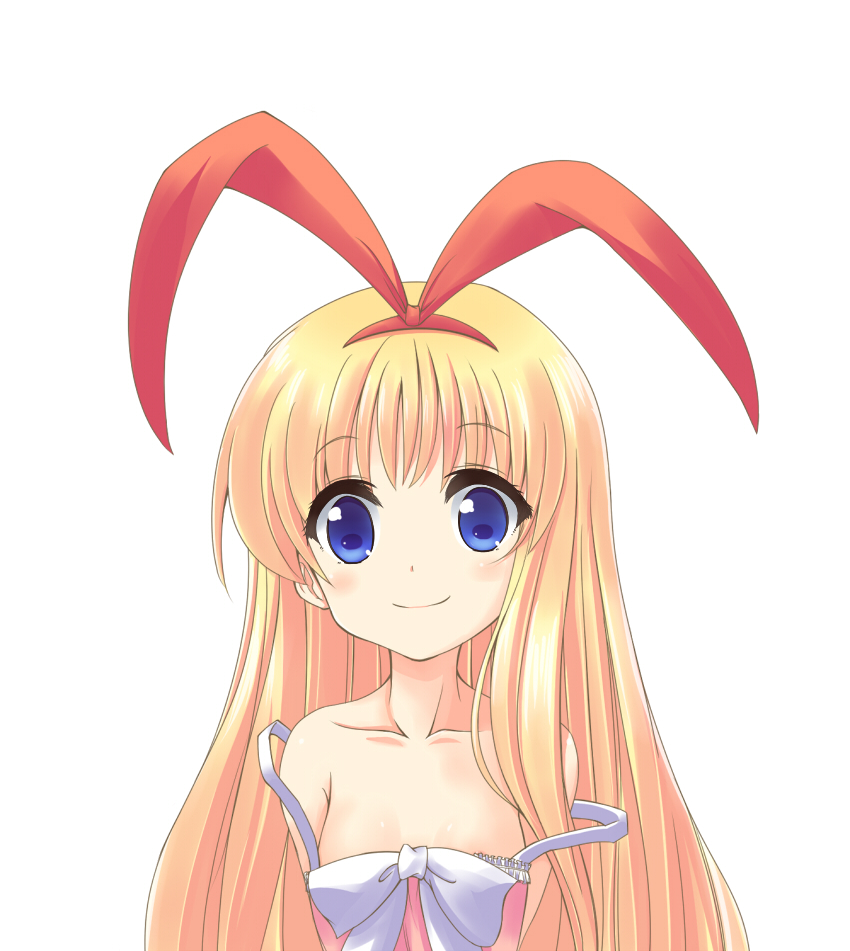 fuguno, amae koromo, saki (manga), 00s, 1girl, animal ears, bare shoulders, blonde hair, blue eyes, blush, bow, dress, female focus, flat chest, loli, long hair, rabbit ears, ribbon, smile, solo, strap slip