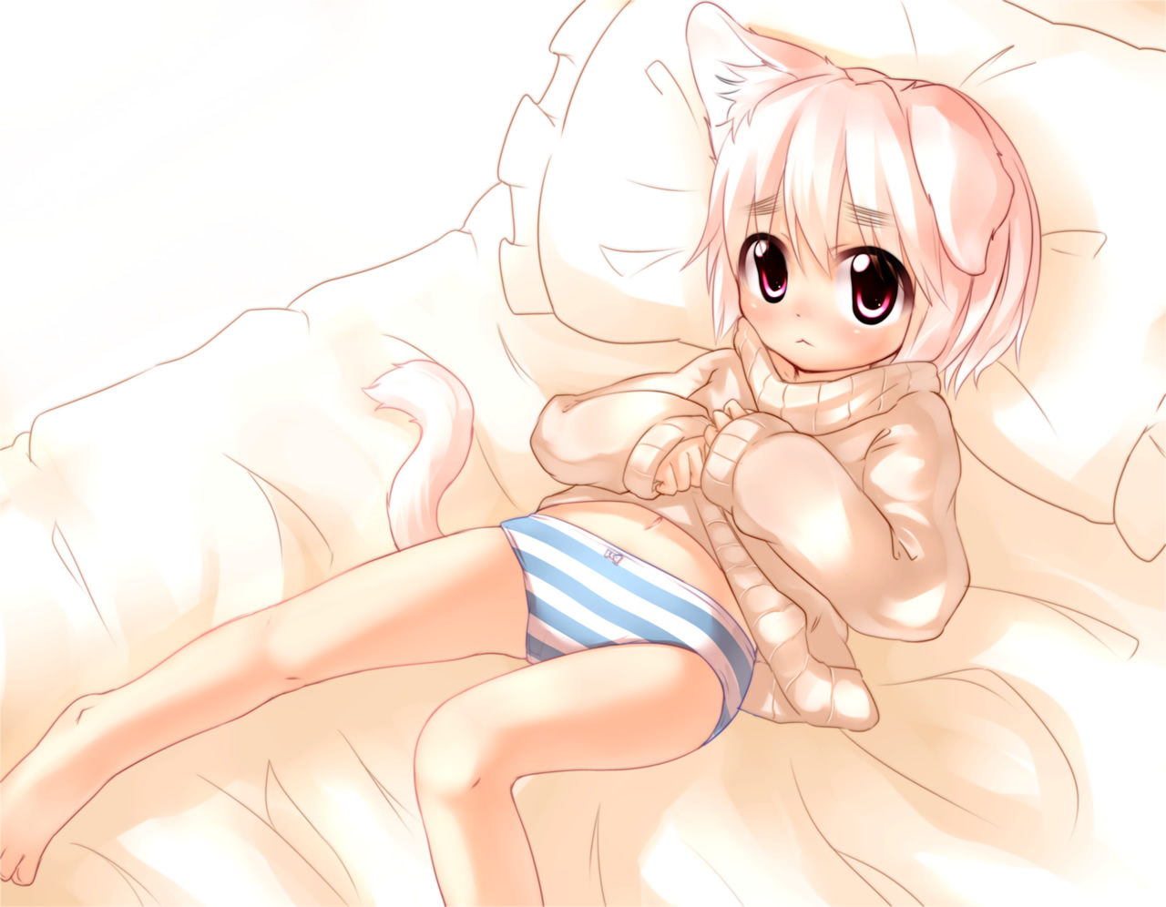 ueno musashi, original, 1girl, :<, animal ears, barefoot, bed, cat ears, cat tail, female focus, loli, lying, navel, panties, pink eyes, pink hair, short hair, solo, striped clothes, striped panties, sweater, tail, underwear