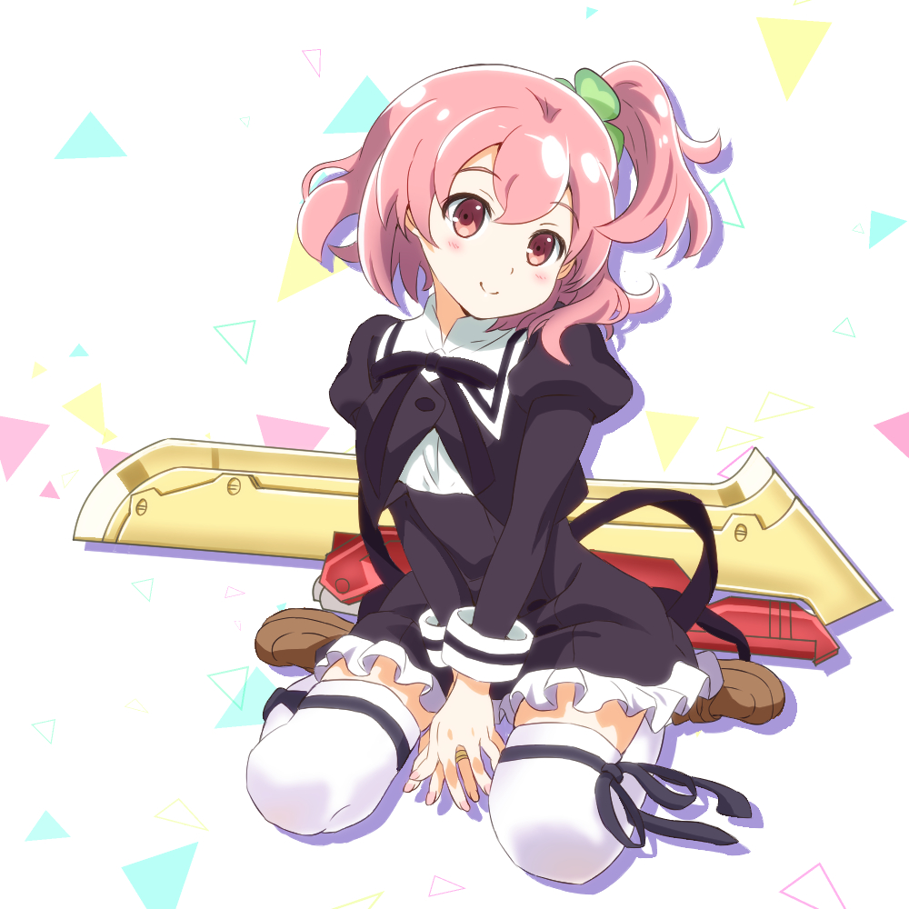 emuushi, hitotsuyanagi riri, assault lily, commentary request, 1girl, black ribbon, blush, brown shoes, closed mouth, juliet sleeves, kneeling, loafers, long sleeves, looking at viewer, one side up, pink hair, puffy sleeves, red eyes, ribbon, ribbon-trimmed thighhighs, ribbon trim, shoes, short hair, smile, solo, thighhighs, triangle, weapon, white background, white thighhighs