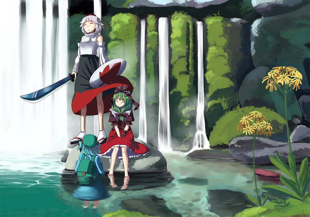takuzui, inubashiri momiji, kagiyama hina, kawashiro nitori, touhou, silver hair, 3girls, backpack, bag, barefoot, blue hair, closed eyes, detached sleeves, female focus, front ponytail, green eyes, green hair, hair bobbles, hair ornament, hair ribbon, hat, multiple girls, randoseru, ribbon, shield, short hair, sitting, smile, soaking feet, sword, tokin hat, twintails, two side up, water, waterfall, weapon