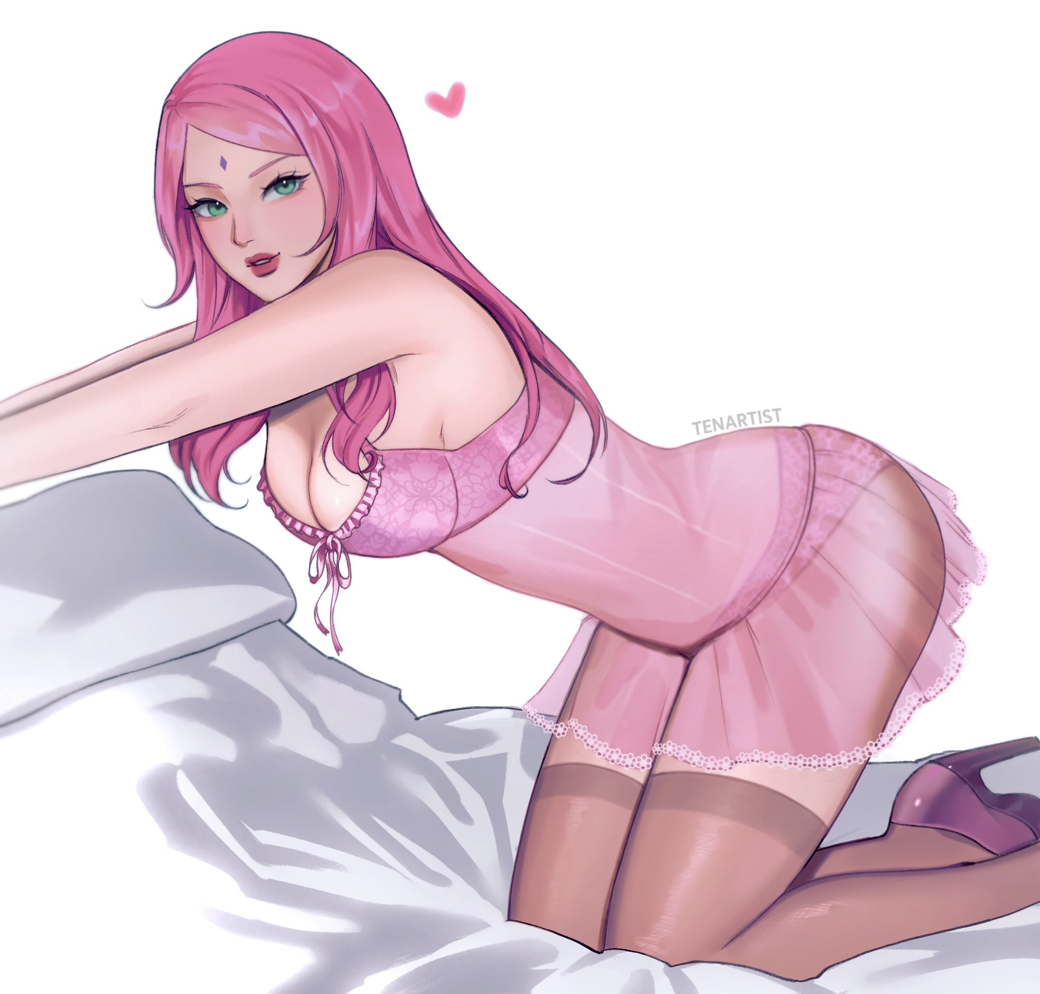 tenartistt, haruno sakura, naruto (series), commentary, english commentary, highres, 1girl, alternate costume, alternate hairstyle, arm out of frame, artist name, babydoll, bed, black thighhighs, breasts, cleavage, eyelashes, facial mark, forehead mark, frilled babydoll, green eyes, heart, high heels, kneeling, lace-trimmed babydoll, lace print, lace trim, lingerie, long hair, looking ahead, medium breasts, on bed, parted lips, pink babydoll, pink hair, pink lips, pink shoes, ribbon babydoll, see-through babydoll, see-through clothes, see-through thighhighs, shoes, swept bangs, teeth, thighhighs, underwear, white background