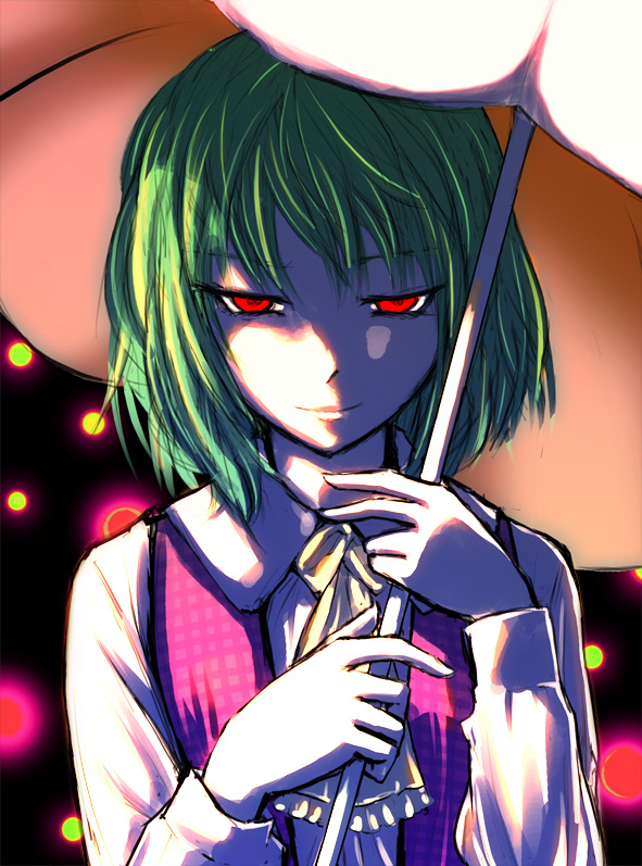 verynezumi, kazami yuuka, touhou, 1girl, ascot, female focus, glowing, glowing eyes, green hair, parasol, plaid clothes, plaid vest, red eyes, shaded face, short hair, smile, solo, umbrella, upper body, vest