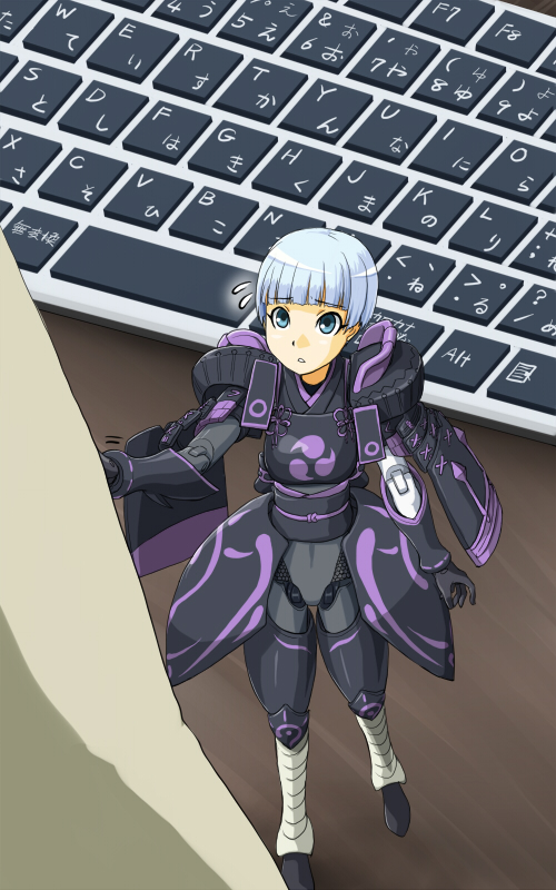 azuma doguu, fubuki (busou shinki), busou shinki, 10s, blue eyes, blue hair, computer, computer keyboard, doll joints, joints, mini person, minigirl, solo
