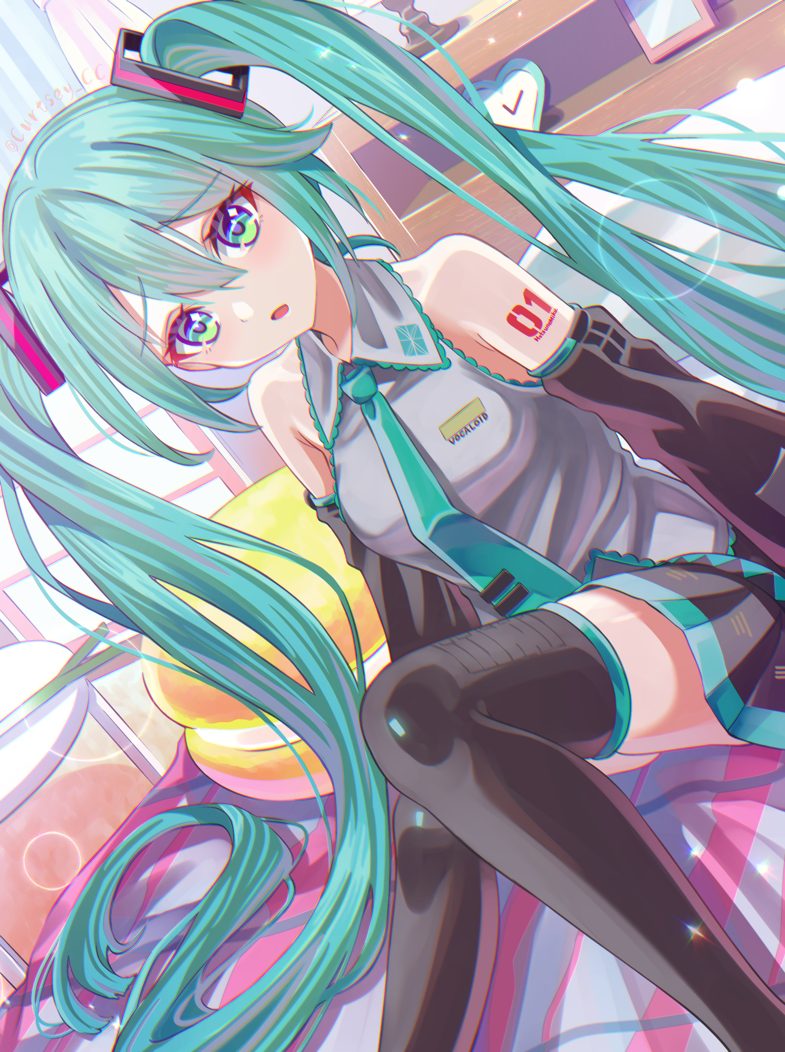 hatsune miku, vocaloid, commentary request, highres, 1girl, aqua eyes, aqua hair, aqua nails, aqua necktie, arm tattoo, bare shoulders, bed, black skirt, blush, boots, breasts, clock, collared shirt, curtsey cc, detached sleeves, feet out of frame, grey shirt, hair between eyes, hair ornament, indoors, long hair, long sleeves, looking at viewer, necktie, number tattoo, on bed, open mouth, pleated skirt, shirt, signature, sitting, skirt, sleeveless, sleeveless shirt, solo, stuffed toy, tattoo, thick thighs, thigh boots, thighs, twintails, very long hair, watch
