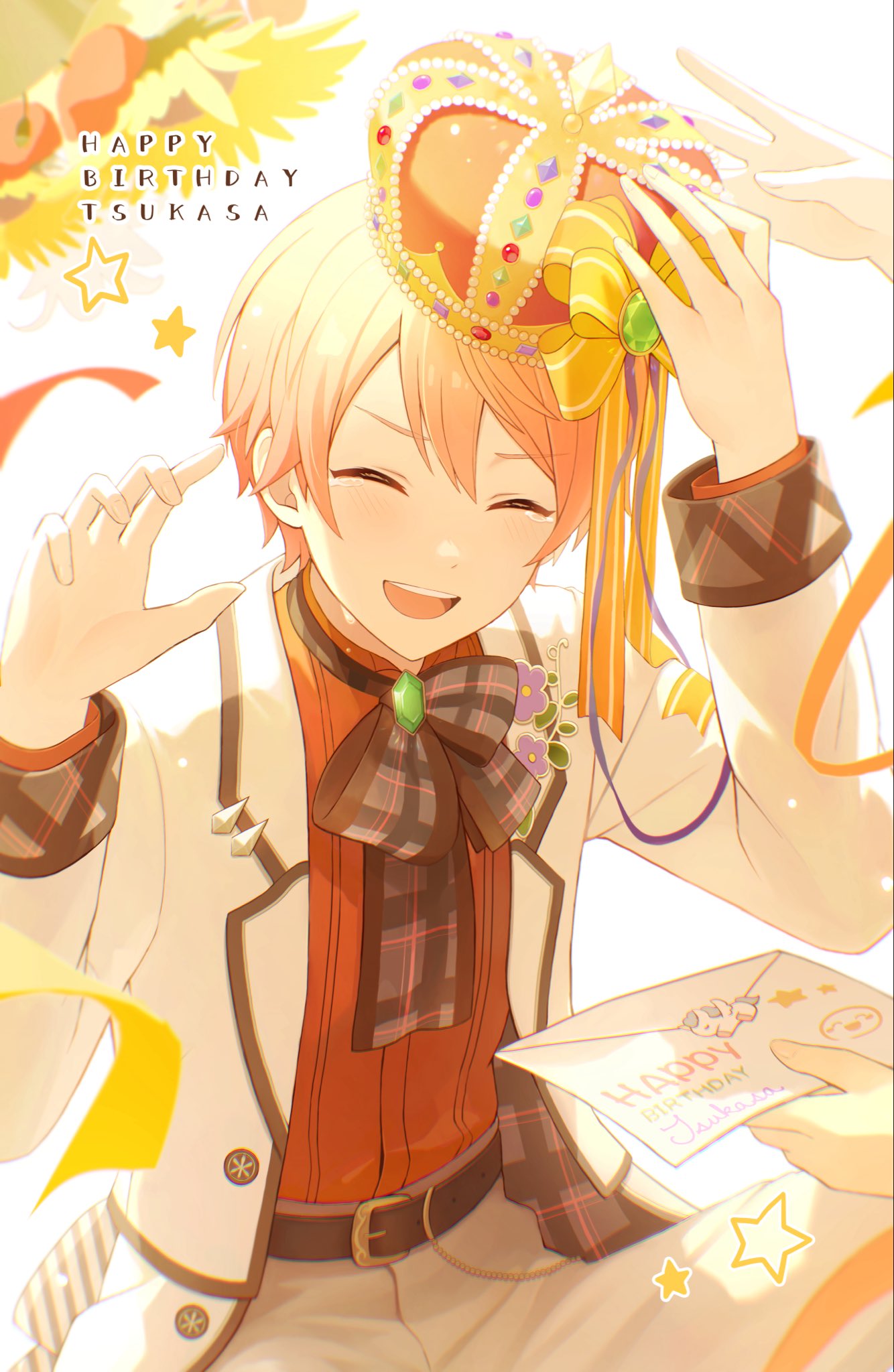 aka awoi, tenma tsukasa, project sekai, commentary request, highres, 1boy, belt, belt buckle, black belt, buckle, buttons, character name, closed eyes, crown, envelope, facing viewer, flower, happy birthday, holding, holding envelope, jacket, lapels, long sleeves, male focus, notched lapels, official alternate costume, open clothes, open jacket, open mouth, orange hair, out of frame, outstretched hand, short hair, smile, star (symbol), sunflower, unicorn