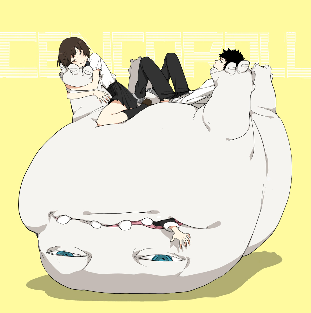 suko mugi, cenco, shuu (cencoroll), tetsu (cencoroll), yuki (cencoroll), cencoroll, in mouth, ^ ^, black socks, blouse, bob cut, brown hair, closed eyes, copyright name, eating, half-closed eyes, hug, kneehighs, monster, school uniform, shirt, sitting, socks, vore, white shirt, yellow background