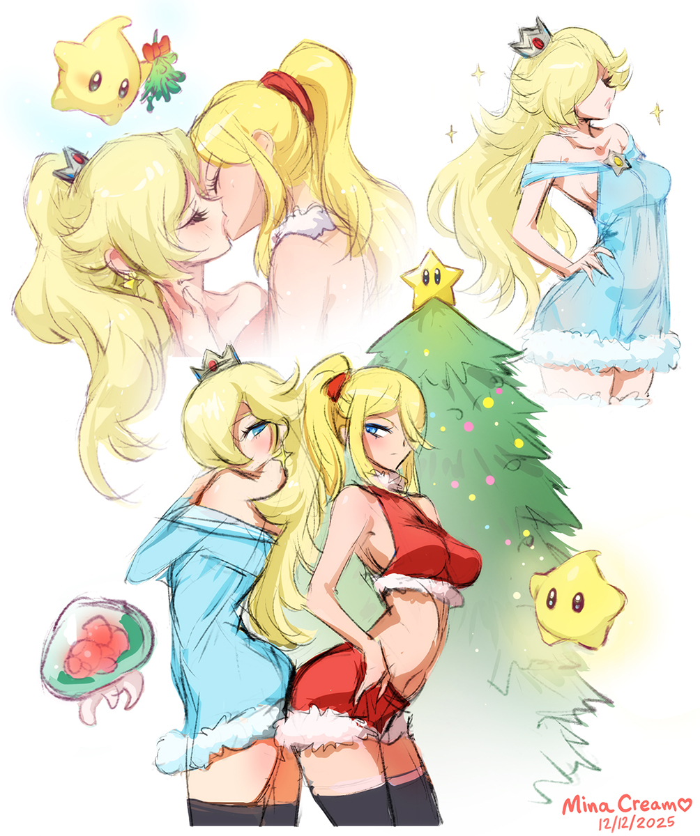 mina cream, luma (mario), metroid (creature), rosalina, samus aran, mario (series), metroid, nintendo, commentary, english commentary, highres, 2girls, alternate costume, artist name, back-to-back, bare shoulders, black thighhighs, blonde hair, blue dress, breasts, brooch, christmas tree, closed mouth, crop top, crown, dated, dress, earrings, hair over one eye, jewelry, kiss, long hair, looking at another, mistletoe, multiple girls, multiple views, ponytail, red shorts, shorts, sketch, star (symbol), star brooch, star earrings, thighhighs, white background, yuri