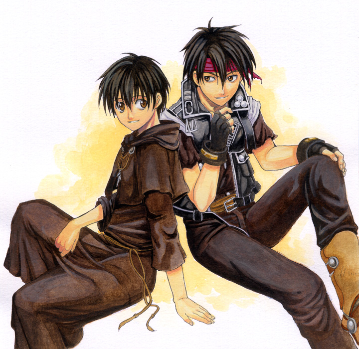 asada (pixiv), sai (pue), orphen, majutsushi orphen, bad id, bad pixiv id, 2boys, black hair, brown eyes, dual persona, headband, multiple boys, time paradox