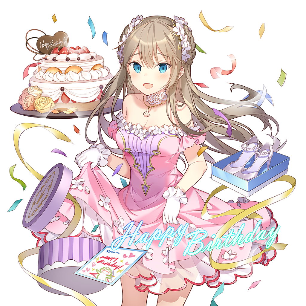 rie (reverie), uchi no hime-sama ga ichiban kawaii, commentary request, 1girl, aqua eyes, birthday cake, box, braid, breasts, cake, clothes lift, dress, dress lift, food, gift, gift box, gloves, hair between eyes, happy birthday, high heels, jewelry, lidelle esquire, long hair, medium breasts, necklace, off-shoulder dress, off shoulder, pearl necklace, pink dress, shoes, unworn shoes, very long hair, white gloves