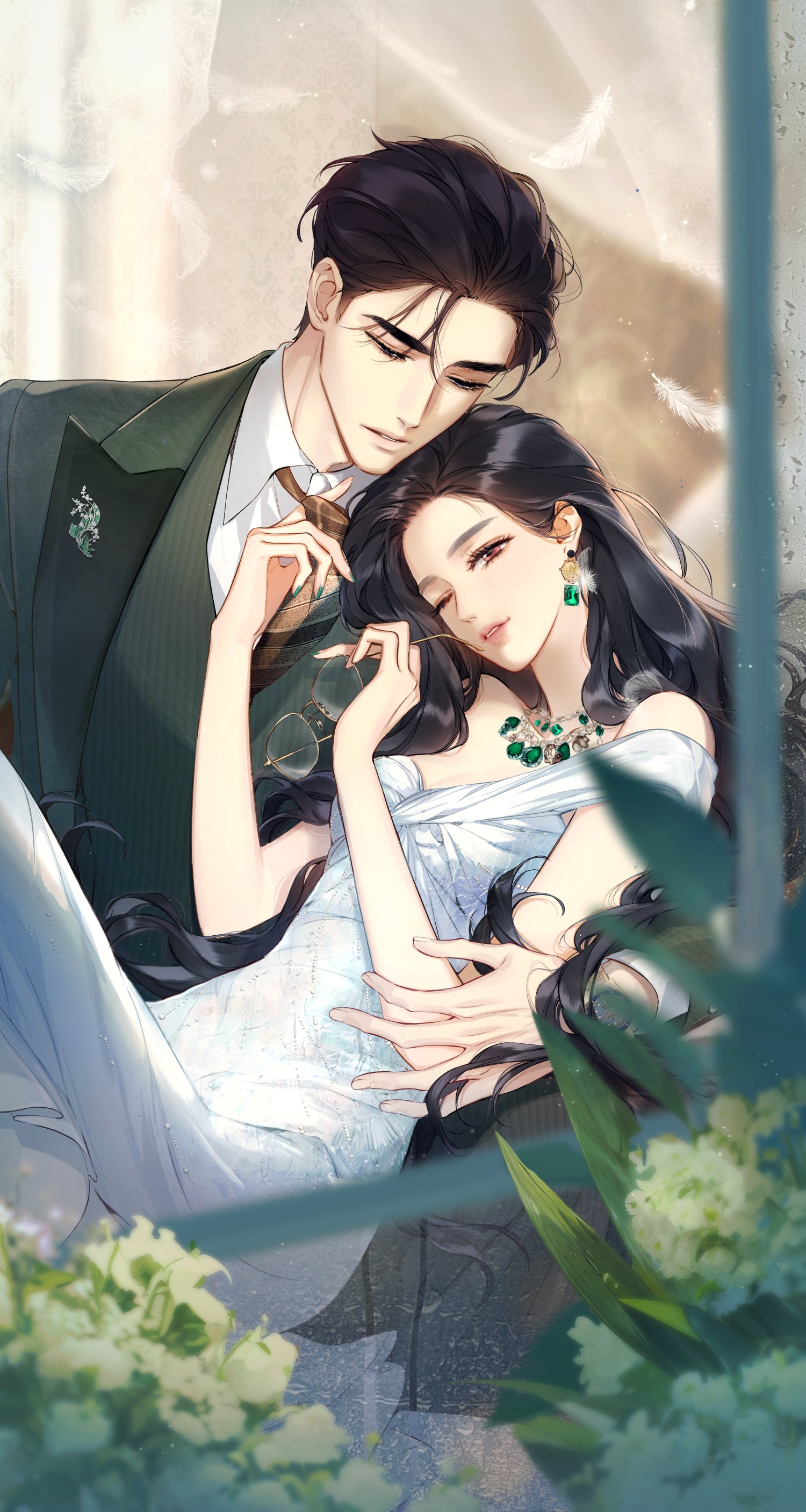 absurdres, commentary request, highres, 1boy, 1girl, black hair, carrying, couple, dress, glasses, hetero, looking down, love by mistake, lvlvlvjian41352, only for love, shi yan, white dress, zheng shuyi
