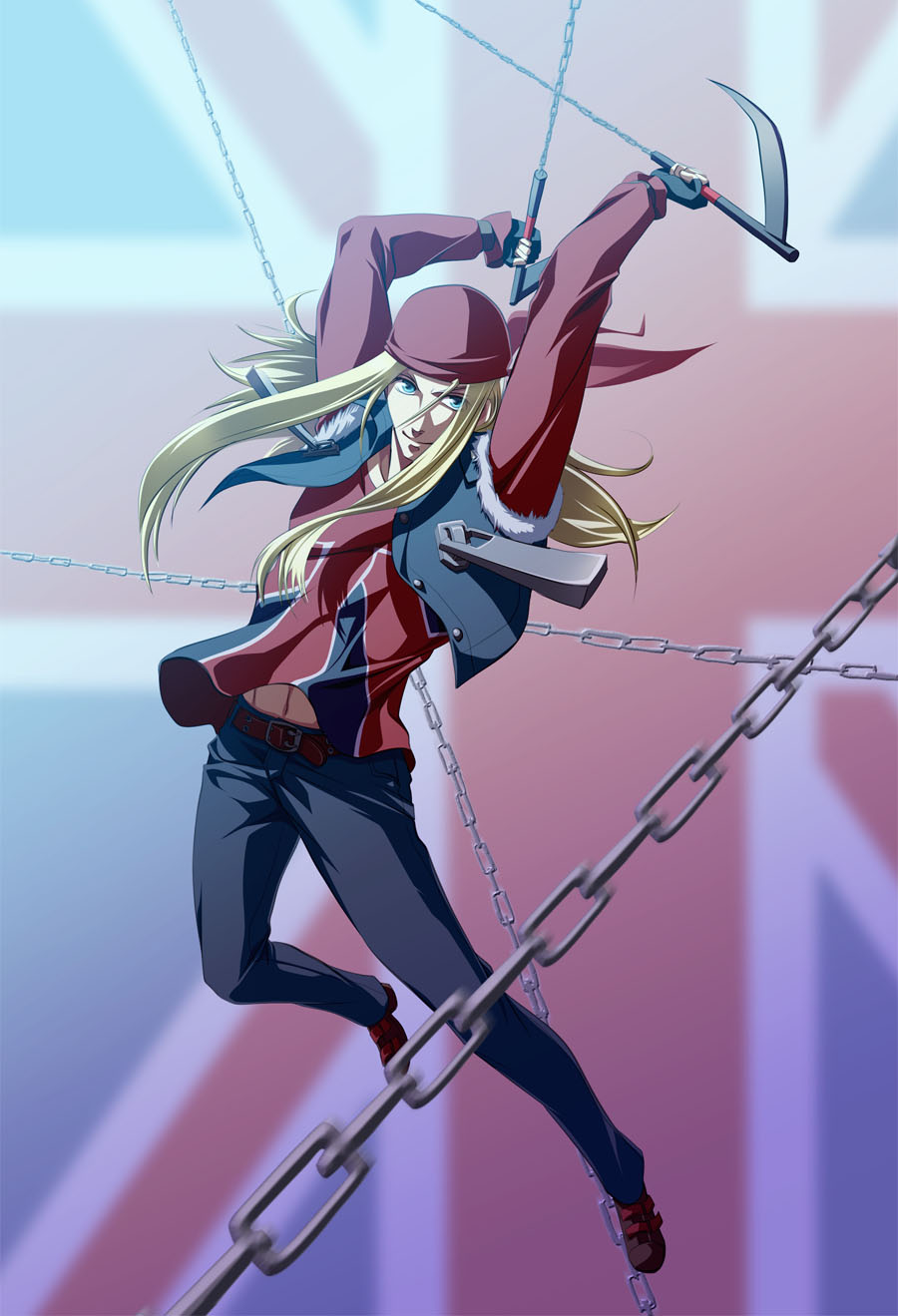 killingrock, axl low, arc system works, guilty gear, bad id, bad pixiv id, highres, 1girl, bandana, belt, blonde hair, blue eyes, chain, denim, female focus, fingerless gloves, gloves, jeans, pants, solo, union jack, vest