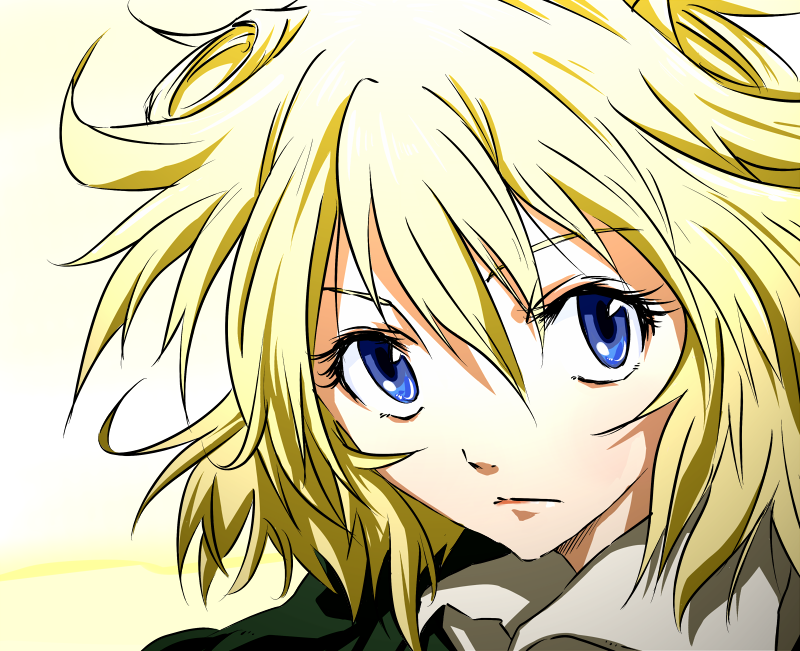 yuuki (yuuki333), cleo everlastin, majutsushi orphen, 1girl, blonde hair, blue eyes, closed mouth, expressionless, female focus, looking at viewer, short hair, solo, upper body