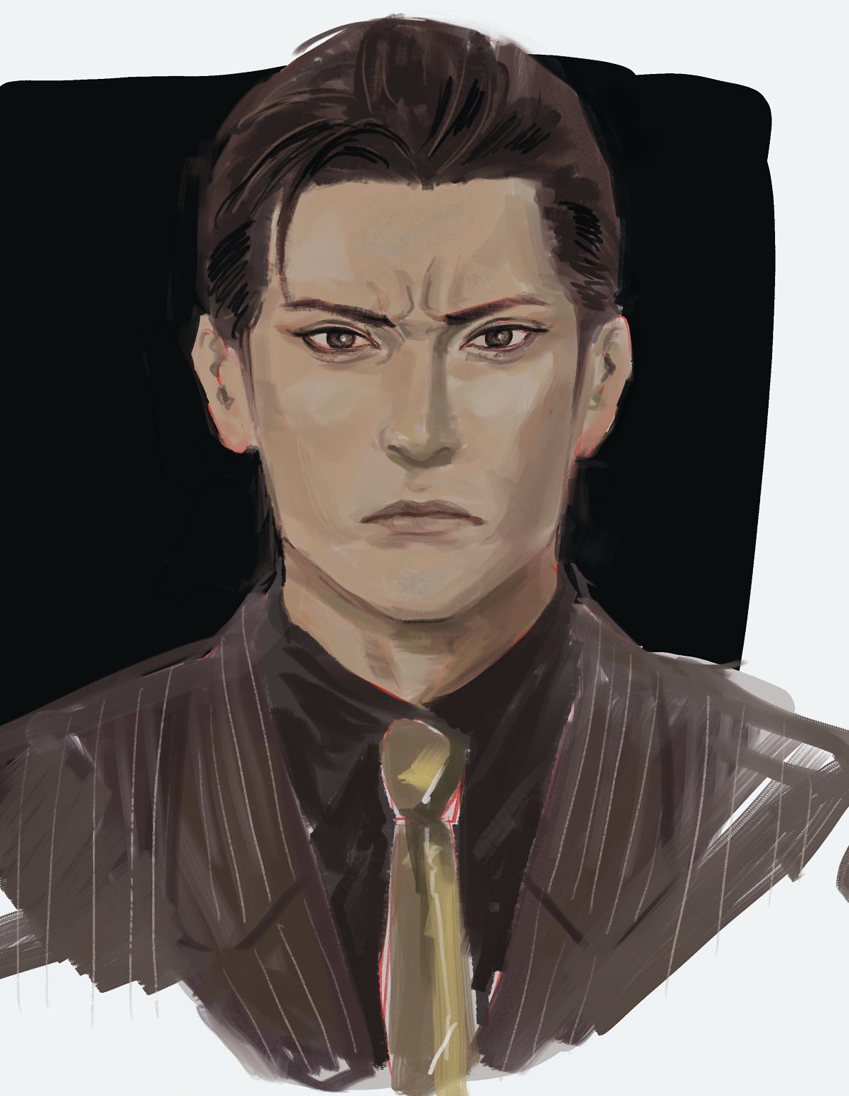 mine yoshitaka, ryuu ga gotoku (series), ryuu ga gotoku 3, commentary request, highres, 1boy, ahoge, brown hair, formal clothes, hair slicked back, male focus, necktie, pinstripe jacket, pinstripe pattern, pinstripe suit, portrait, red suit, serious, solo, suit, tyag53, yellow necktie