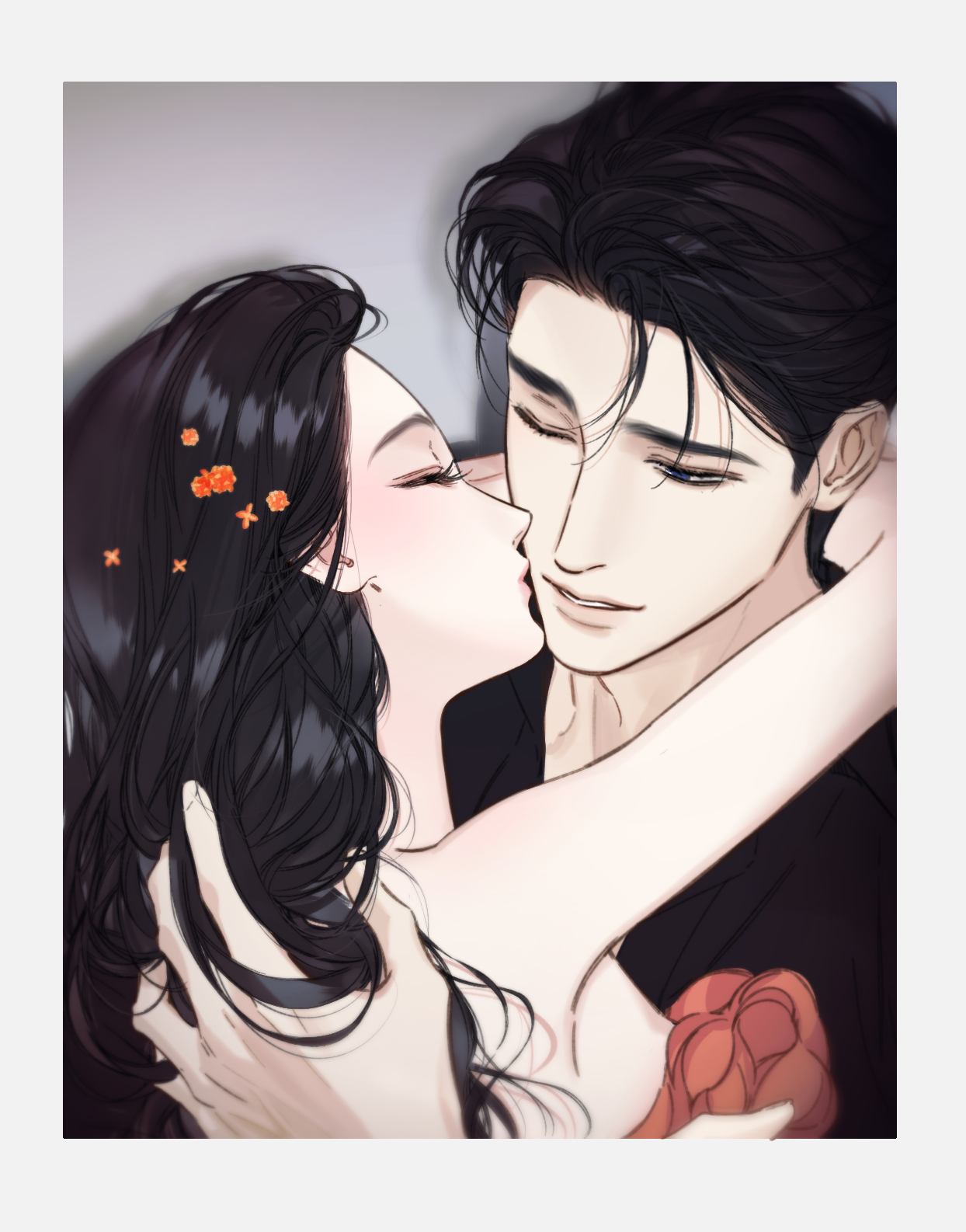 commentary, english commentary, highres, 1boy, 1girl, black hair, black shirt, couple, dress, flower, hair flower, hair ornament, hug, kiss, kissing cheek, love by mistake, lvlvlvjian41352, one eye closed, only for love, orange dress, shi yan, shirt, zheng shuyi
