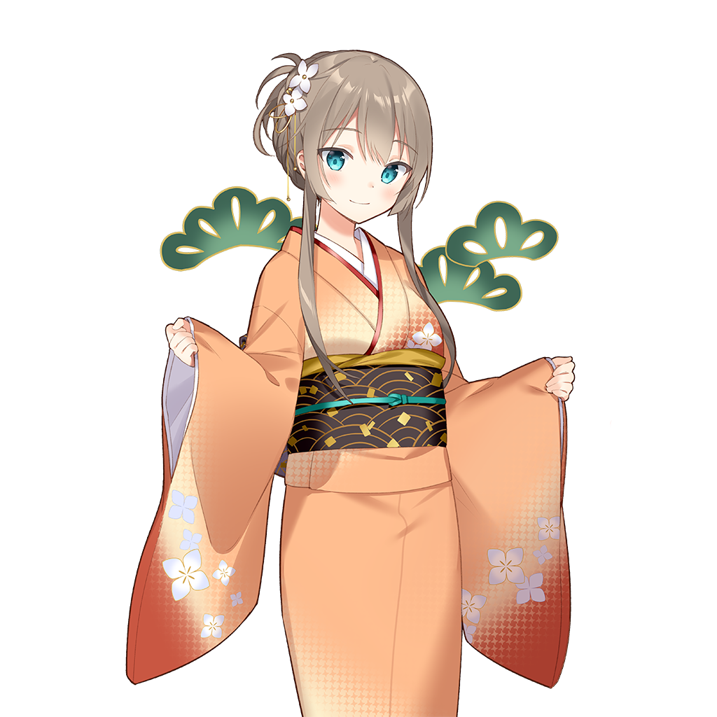 rie (reverie), uchi no hime-sama ga ichiban kawaii, commentary request, 1girl, aqua eyes, braid, breasts, brown sash, flower, hair between eyes, hair flower, hair ornament, japanese clothes, kimono, lidelle esquire, long sidelocks, medium breasts, orange kimono, print kimono, print sash, sash, short hair, sidelocks, very long sidelocks