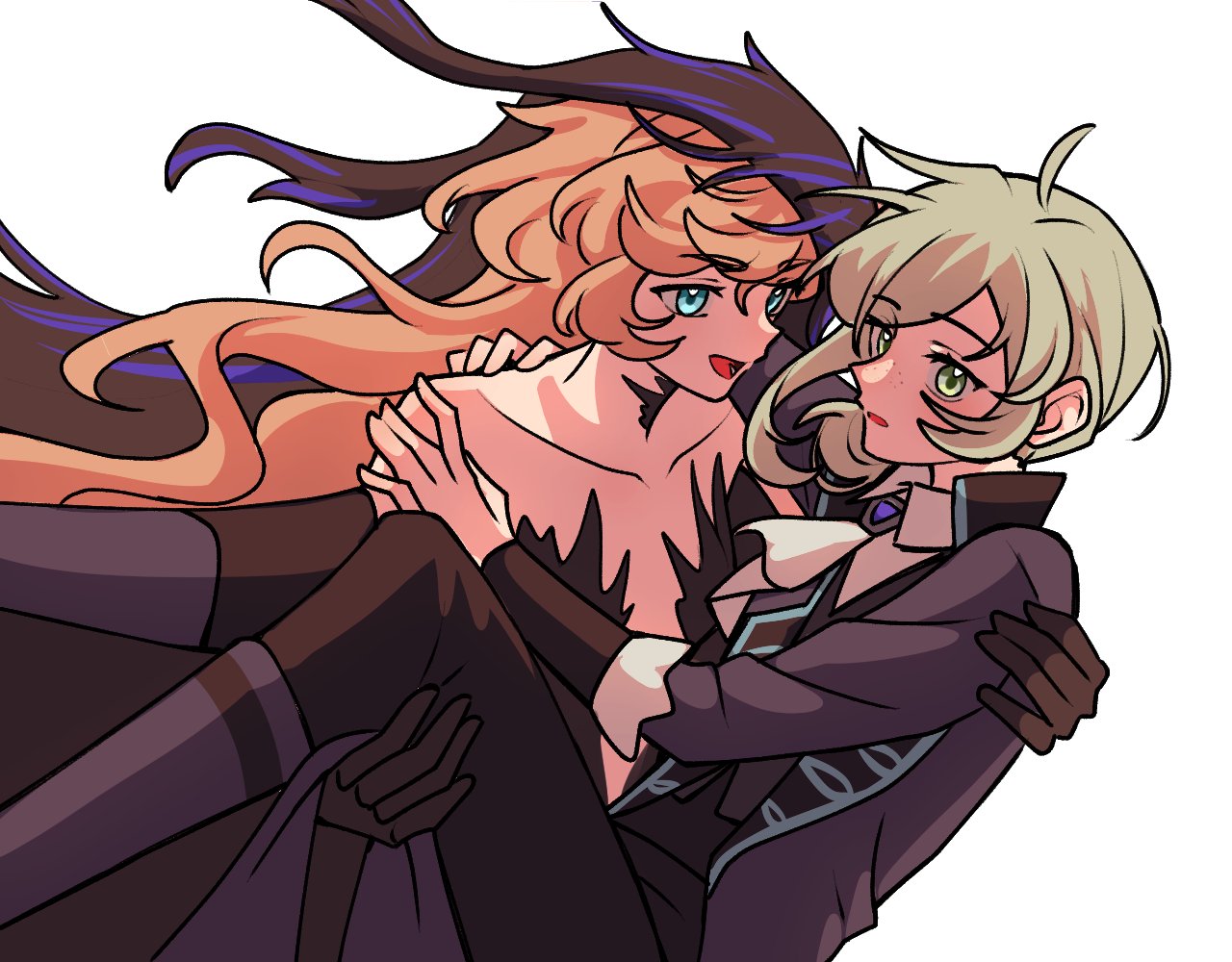 haihaiera, nautika (reverse:1999), vertin (reverse:1999), reverse:1999, 2girls, :d, arms around neck, ascot, bare shoulders, baseball cap, black boots, black dress, black hands, black pants, black veil, black vest, blue eyes, boots, carrying, carrying person, colored extremities, dress, feet out of frame, grey eyes, grey hair, hair bun, hat, looking at another, multiple girls, open mouth, pants, pink hair, princess carry, profile, shirt, simple background, single side bun, smile, strapless, strapless dress, upper body, veil, vest, waistcoat, white ascot, white shirt