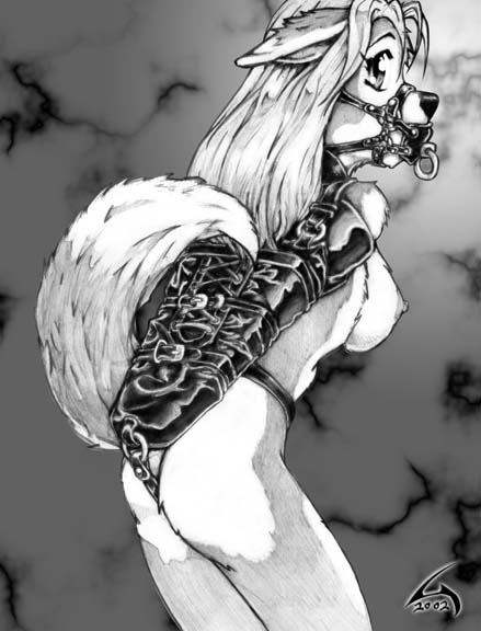 gearlock (artist), muzzle, armbinder, arms behind back, bdsm, bondage, fox, furry, gag, leather, monochrome