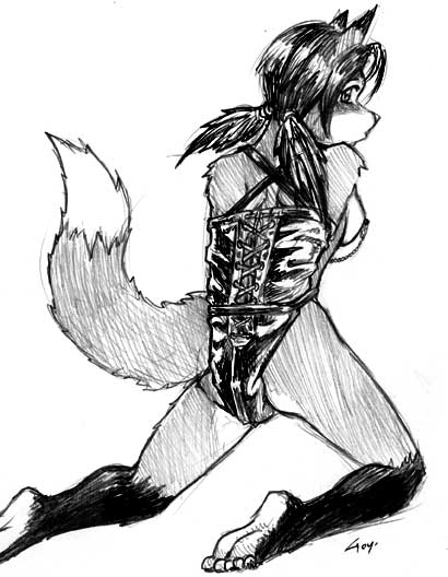 gearlock (artist), animal ears, animal hands, armbinder, arms behind back, barefoot, bdsm, bondage, breasts, feet, furry, monochrome, nude, soles, solo, tail, toes