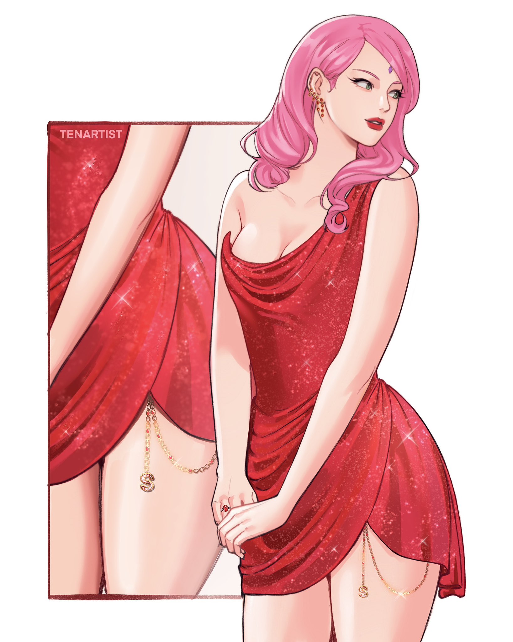 tenartistt, haruno sakura, taylor swift, naruto (series), commentary, english commentary, highres, 1girl, artist name, asymmetrical dress, breasts, chain, cleavage, cosplay, cowboy shot, cowl neck, curly ends, dress, earrings, eyelashes, facial mark, forehead mark, glint, glitter dress, gold chain, gold earrings, hair behind ear, jewelry, long hair, looking to the side, lower body, medium breasts, multiple views, ornate ring, parted lips, pink hair, red dress, red lips, ring, s (letter), single strap, sleeveless, sleeveless dress, swept bangs, taylor swift (cosplay), teeth, turning head, v arms, wallet chain, wedding ring, white background