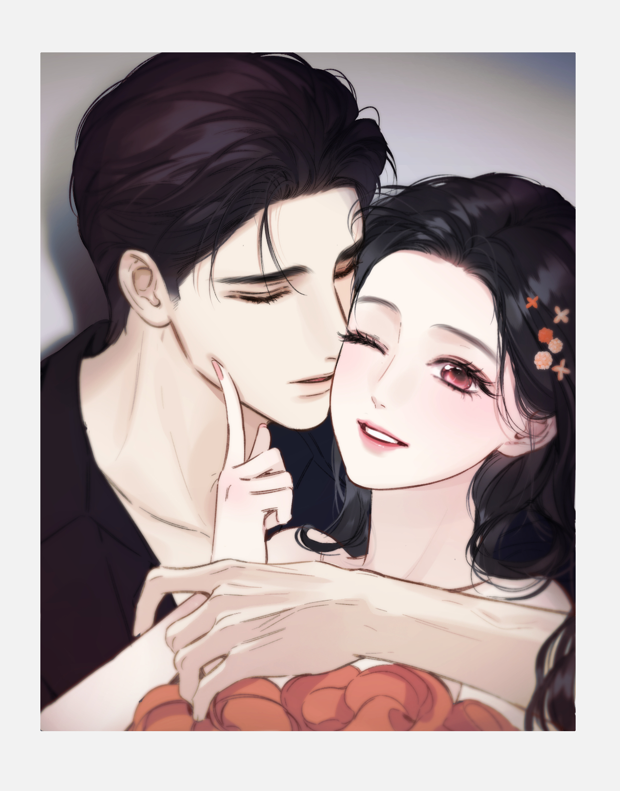 commentary, english commentary, highres, 1boy, 1girl, black hair, black shirt, cheek poking, closed eyes, couple, dress, flower, hair flower, hair ornament, kiss, kissing cheek, love by mistake, lvlvlvjian41352, one eye closed, only for love, orange dress, poking, red eyes, shi yan, shirt, zheng shuyi