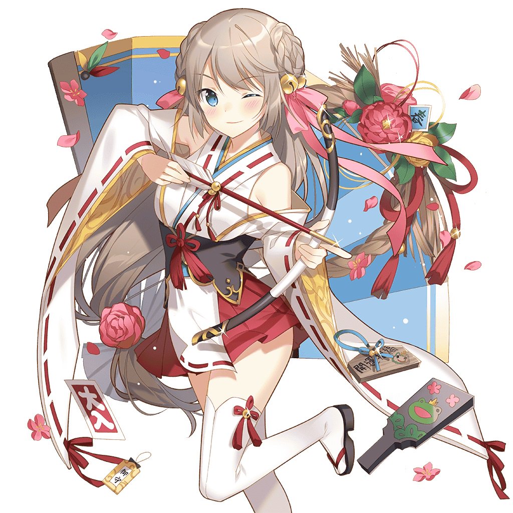 rie (reverie), uchi no hime-sama ga ichiban kawaii, commentary request, 1girl, aqua eyes, armpits, arrow (projectile), bow (weapon), braid, breasts, brown hair, closed mouth, ema, flower, hagoita, hair between eyes, hamaya, holding, holding bow (weapon), holding weapon, japanese clothes, lidelle esquire, long hair, medium breasts, miko, off shoulder, omamori, one eye closed, paddle, red flower, red rose, rope, rose, sandals, shimenawa, thighhighs, very long hair, weapon, white thighhighs, zouri