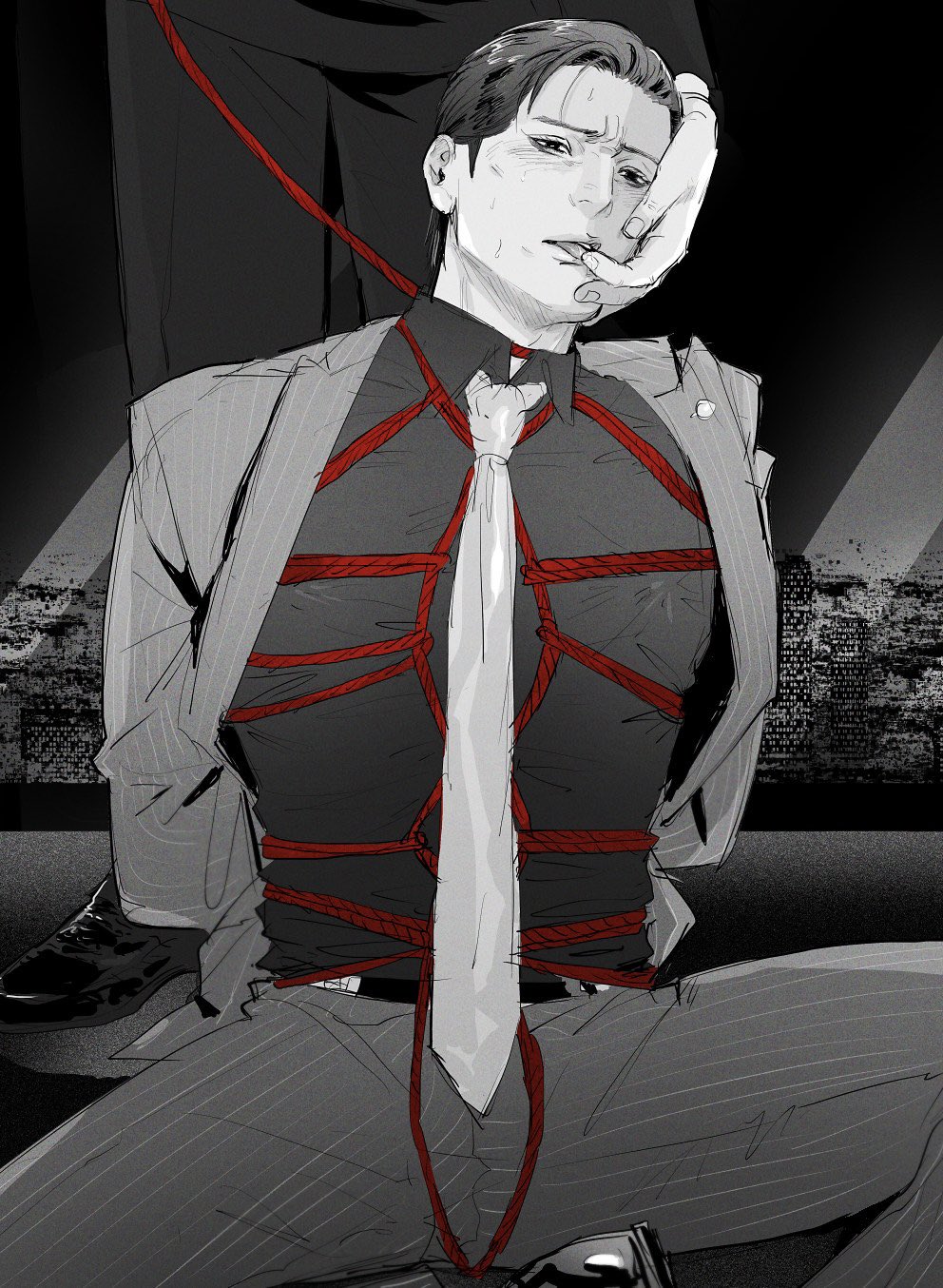 dojima daigo, mine yoshitaka, ryuu ga gotoku (series), ryuu ga gotoku 3, commentary request, highres, 2boys, arms behind back, bdsm, blush, bound, bound arms, covered erect nipples, formal clothes, hand on another's face, holding, holding leash, jacket, leash, licking, licking another's finger, licking finger, multiple boys, necktie, open clothes, open jacket, out of frame, parted lips, pinstripe pattern, pinstripe suit, shibari, shibari over clothes, shibari under clothes, sitting, skyline, solo focus, spot color, suit, sweat, tongue, tongue out, tyag53, yaoi
