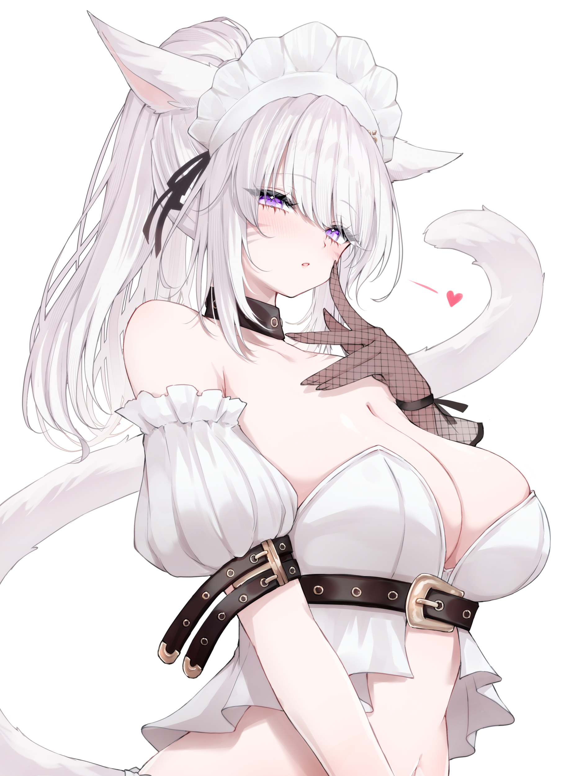 sana (sanamaru 0w0), warrior of light (ff14), final fantasy, final fantasy xiv, absurdres, commentary request, highres, 1girl, animal ears, bare shoulders, belt, black choker, breasts, brown gloves, cat ears, cat girl, cat tail, choker, cleavage, crop top, detached sleeves, facial mark, fishnet gloves, fishnets, gloves, large breasts, long hair, looking at viewer, maid headdress, midriff, miqo'te, navel, parted lips, ponytail, purple eyes, shirt, short sleeves, solo, strapless, strapless shirt, tail, upper body, white hair, white shirt