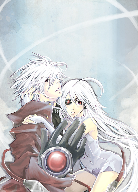 calys, nu-13, ragna the bloodedge, arc system works, blazblue, ahoge, bare shoulders, eyepatch, red eyes, sleeveless