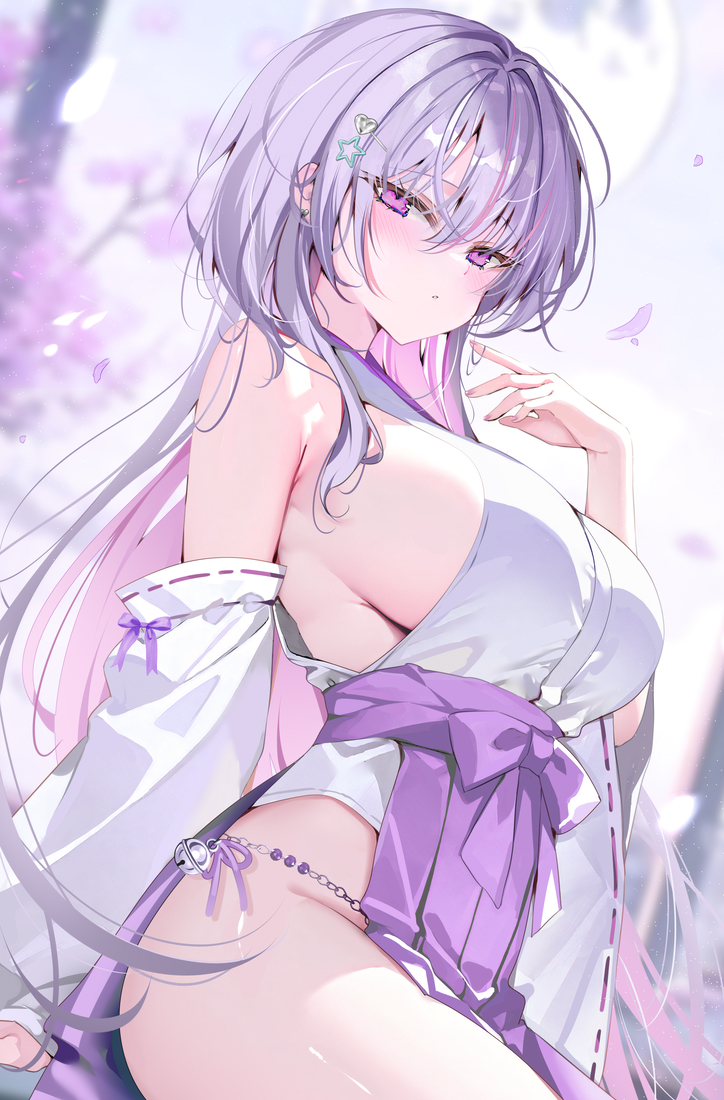 pon (ponidrop), original, commentary request, 1girl, arm support, bare shoulders, blurry, blurry background, blush, breasts, chain, closed mouth, colored inner hair, detached sleeves, dutch angle, falling petals, from side, groin, hair between eyes, hair ornament, hakama, halterneck, hand up, heart, heart hair ornament, japanese clothes, large breasts, long hair, long sleeves, looking at viewer, multicolored hair, nontraditional miko, parted lips, pelvic curtain, petals, pink hair, purple eyes, purple hair, purple hakama, purple petals, ribbon-trimmed sleeves, ribbon trim, side slit, sideboob, sideless outfit, sitting, solo, star (symbol), star hair ornament, tree, very long hair, white background, wide sleeves