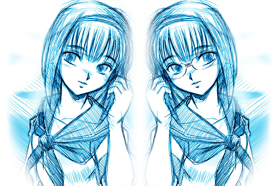 aoi minatsuki, kobayakawa rinko, love plus, 2girls, blue theme, clone, glasses, hairband, monochrome, multiple girls, school uniform, serafuku, short hair, sketch
