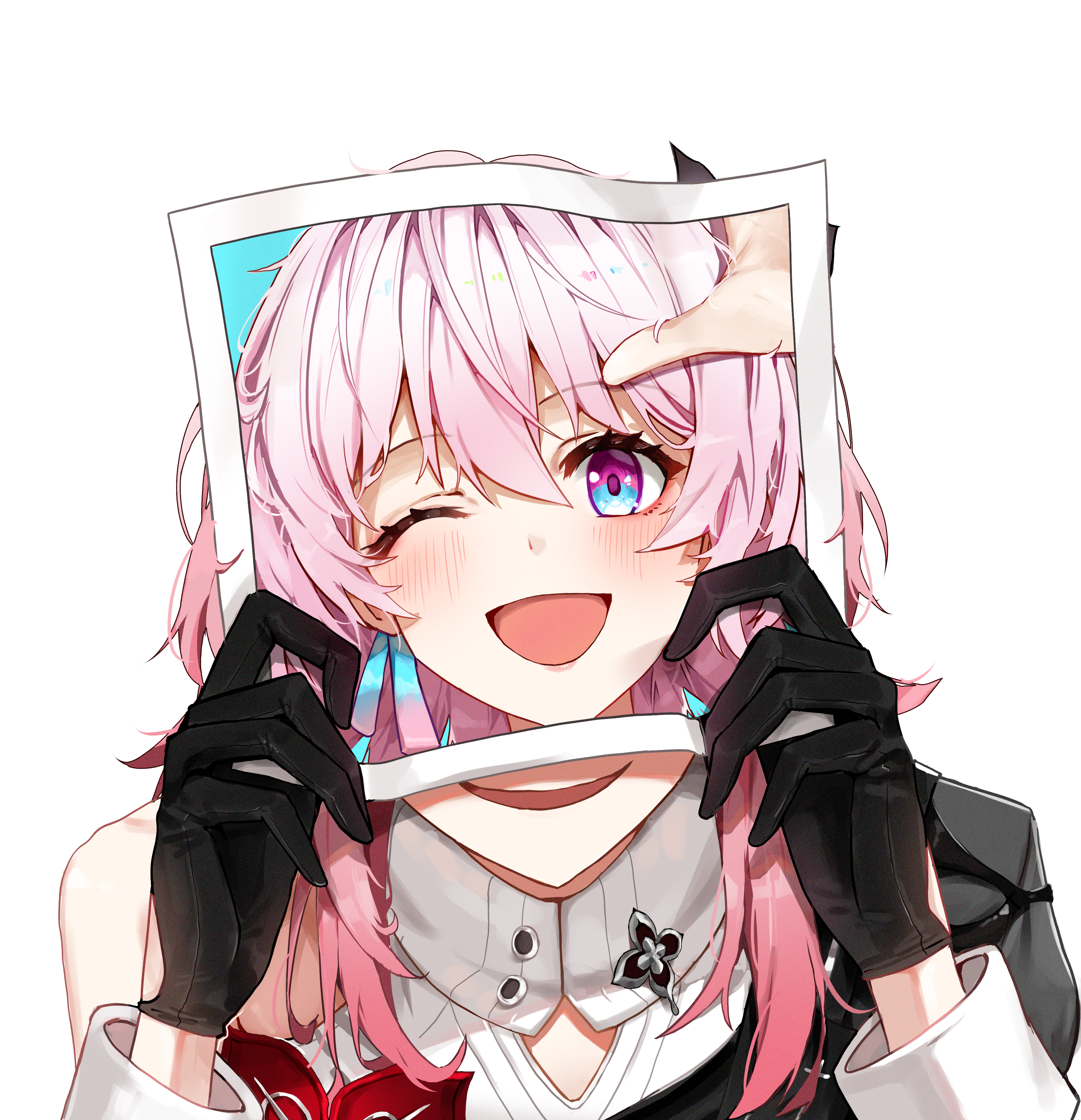 sstthei, evernight (honkai: star rail), march 7th (honkai: star rail), honkai: star rail, honkai (series), absurdres, commentary, highres, 1girl, black gloves, blue eyes, evil smile, facing viewer, gloves, holding, holding photo, long sleeves, multicolored eyes, one eye closed, open mouth, photo (object), pink eyes, pink hair, simple background, smile, solo, two-tone eyes, white background