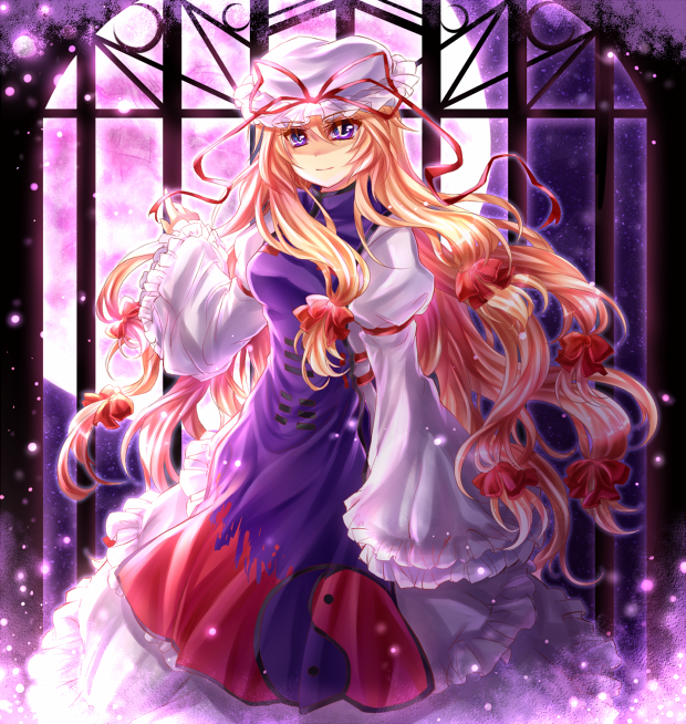 yunaminato, yuuna minato, yakumo yukari, touhou, bad id, bad pixiv id, 1girl, blonde hair, female focus, hat, long hair, purple eyes, solo