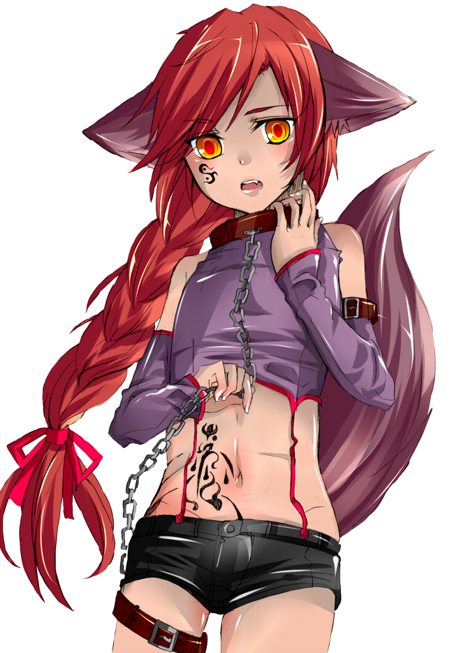 panda dorian, original, bad id, bad pixiv id, 1boy, androgynous, animal ears, braid, chain, choker, collar, crossdressing, crossdressing (mtf), detached sleeves, fang, fox, fox ears, long hair, male focus, midriff, navel, open mouth, orange eyes, red hair, short shorts, shorts, single braid, solo, tail, tattoo, teeth, thigh strap, trap