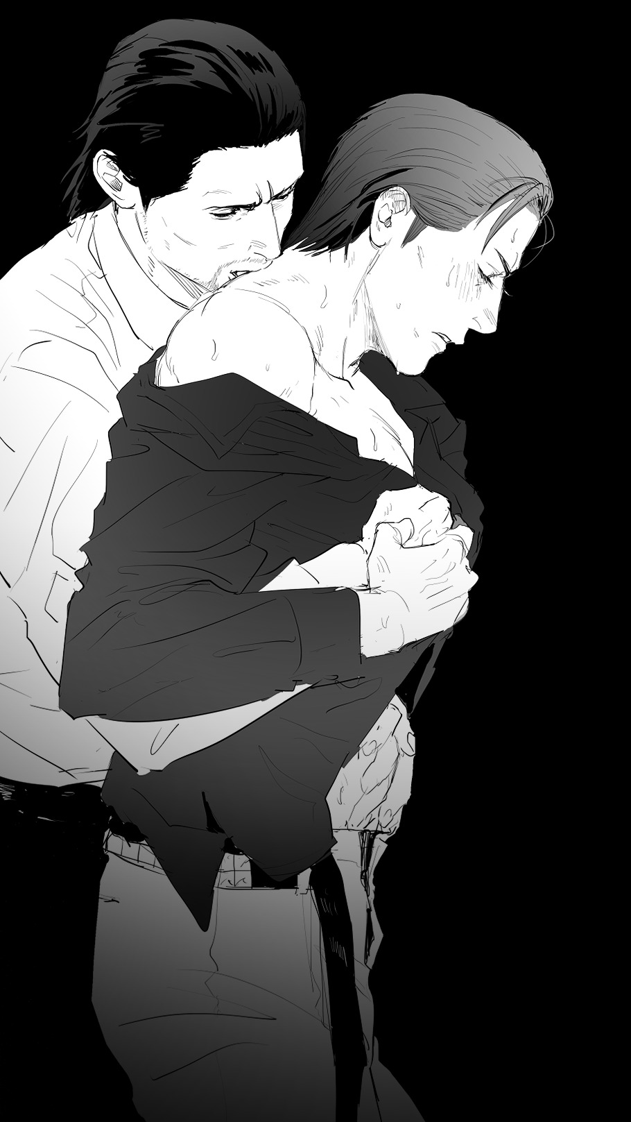 dojima daigo, mine yoshitaka, ryuu ga gotoku (series), ryuu ga gotoku 3, commentary request, highres, 2boys, ahoge, beard, belt, biting, blush, dress shirt, facial hair, hair slicked back, hand grab, hand on another's chest, hand on another's waist, hug, hug from behind, male focus, monochrome, multiple boys, neck biting, no jacket, off shoulder, open belt, shirt, short hair, studded belt, sweat, tyag53, undressing, yaoi