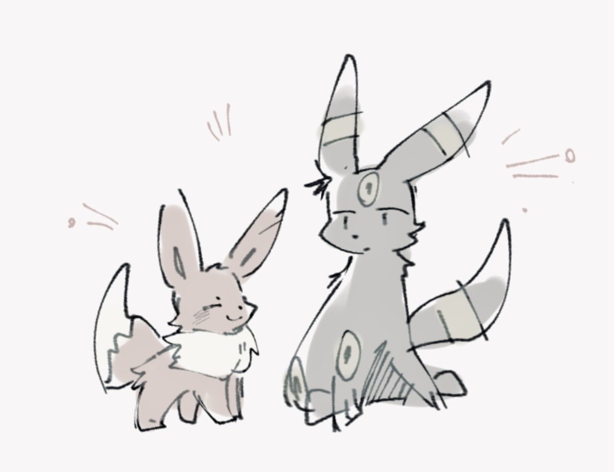 zugvogel 0525, eevee, umbreon, nintendo, pokemon, brown fur, closed eyes, closed mouth, gen 1 pokemon, gen 2 pokemon, grey fur, looking at another, no humans, pokemon (creature), pokemon focus, simple background, sitting, sketch, smile, white background