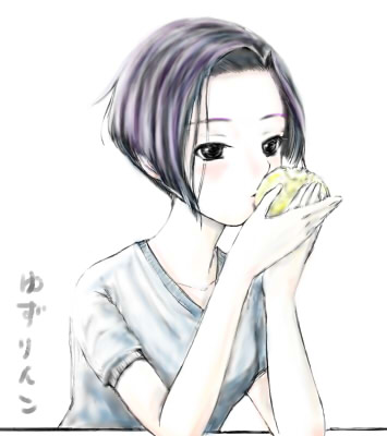 kamo5255, kobayakawa rinko, love plus, lowres, 1girl, black eyes, black hair, bob cut, casual, eating, female focus, short hair, solo
