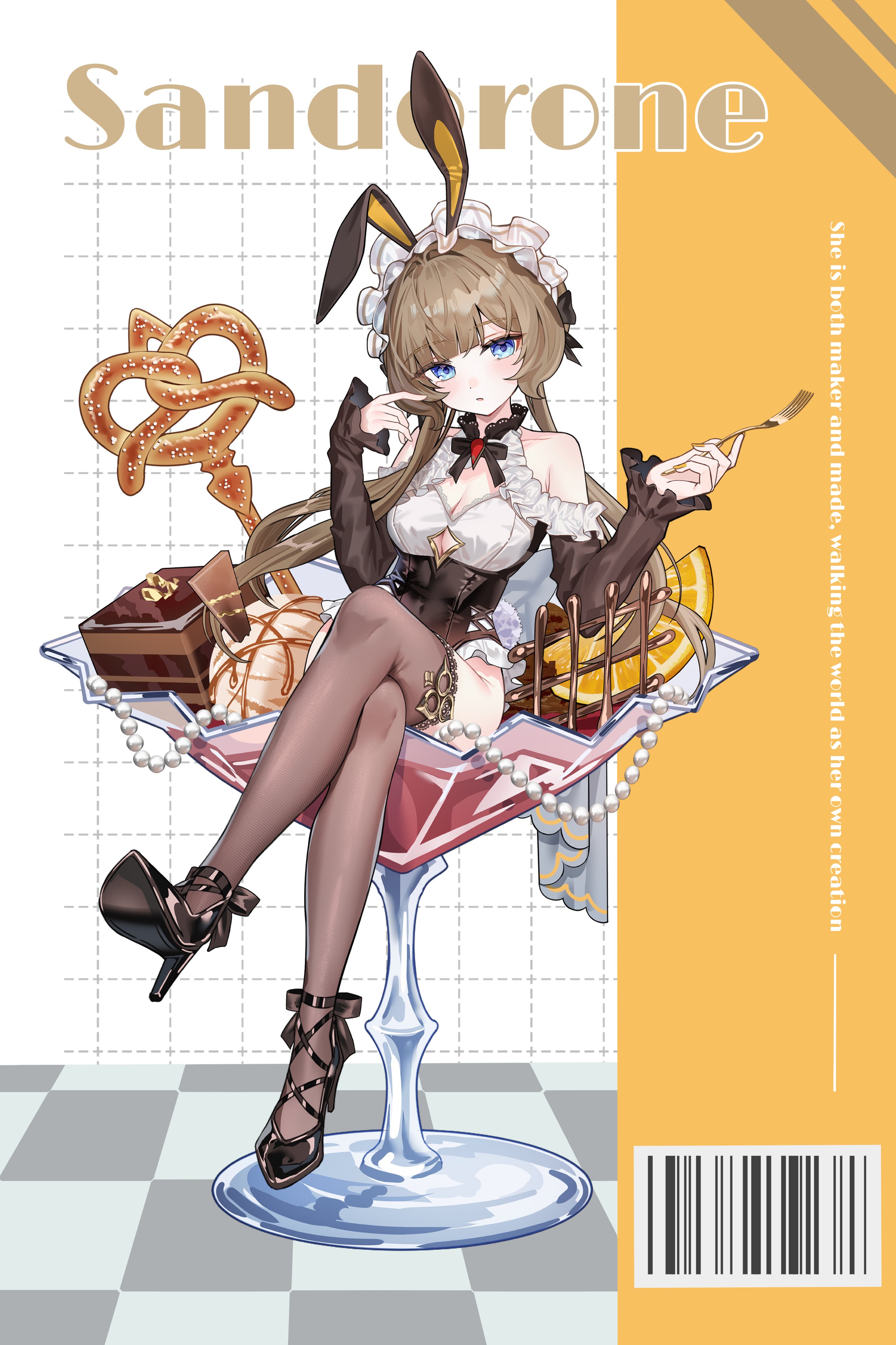 komiya latte, sandrone (genshin impact), genshin impact, absurdres, commentary request, highres, 1girl, alternate costume, animal ears, black shoes, blue eyes, breasts, brown hair, brown thighhighs, character name, cleavage, crossed legs, detached sleeves, fake animal ears, fork, full body, high heels, holding, holding fork, leotard, long hair, long sleeves, looking at viewer, parted lips, playboy bunny, rabbit ears, shoes, sitting, solo, thighhighs