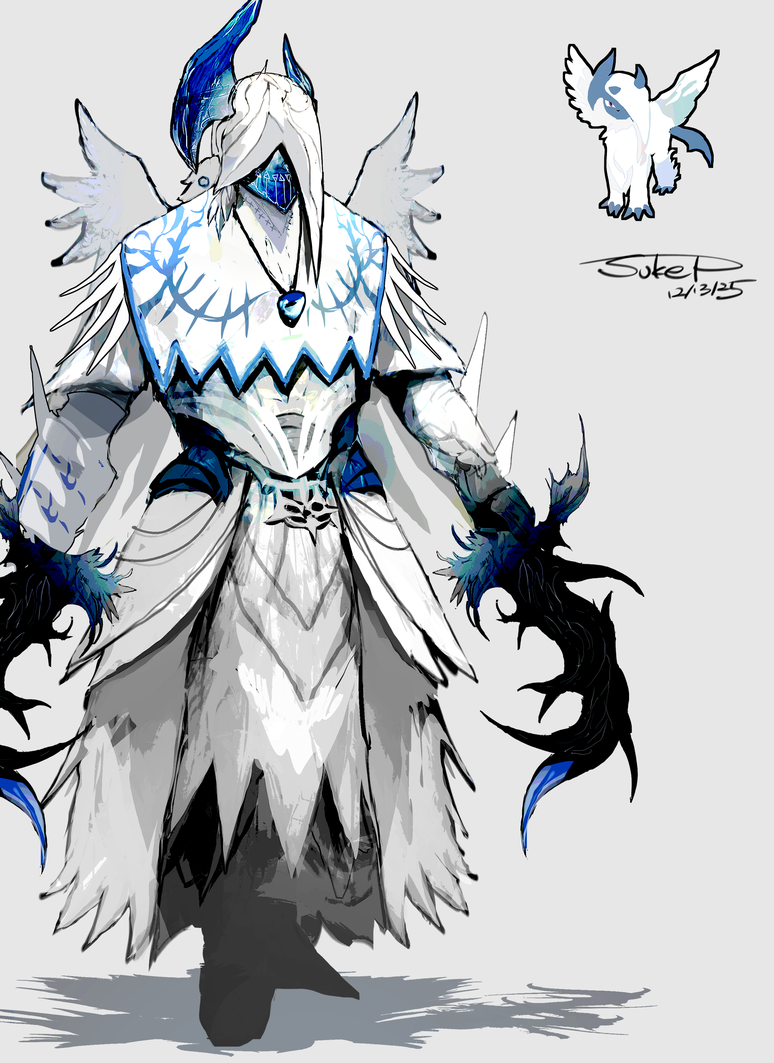 sukepmonster, absol, mega absol, nintendo, pokemon, absurdres, commentary request, highres, armor, dated, dual wielding, gen 3 pokemon, grey background, helmet, holding, mega pokemon, personification, pokemon (creature), reference inset, shadow, signature, wings