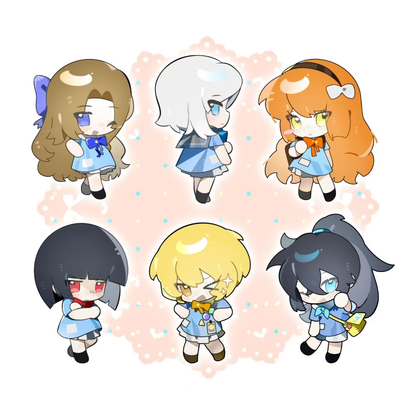 don quixote (project moon), faust (project moon), hong lu (project moon), ishmael (project moon), rodion (project moon), ryoshu (project moon), limbus company, project moon, hashtag-only commentary, highres, > o, 1boy, 5girls, black hair, blonde hair, blue bow, blue dress, blue eyes, bob cut, bow, brown hair, dress, gala9960, green eyes, hair bow, high ponytail, kindergarten uniform, multiple girls, odd one out, one eye closed, open mouth, parted bangs, ponytail, red eyes, short hair, short sleeves, simple background, smile, sparkle, white background, white bow, white hair, yellow eyes