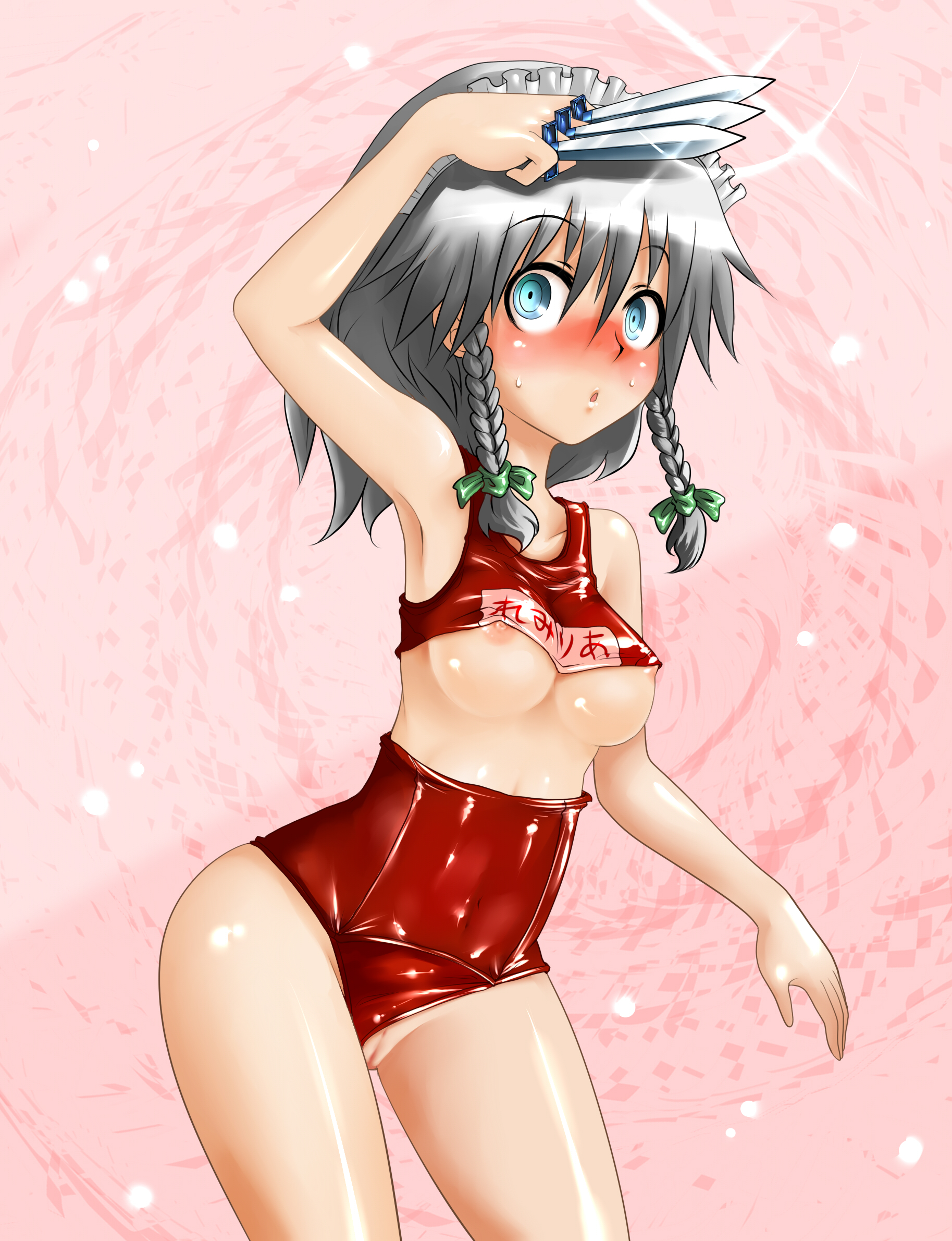 harusame (unmei no ikasumi), izayoi sakuya, touhou, bad id, bad pixiv id, highres, 1girl, bikini, blue eyes, blush, braid, breasts, clothing aside, female focus, grey hair, knife, maid, maid headdress, name tag, nipples, nose blush, one-piece swimsuit, pussy, red bikini, school swimsuit, short hair, solo, swimsuit, swimsuit aside, throwing knife, twin braids, uncensored, undersized clothes, weapon