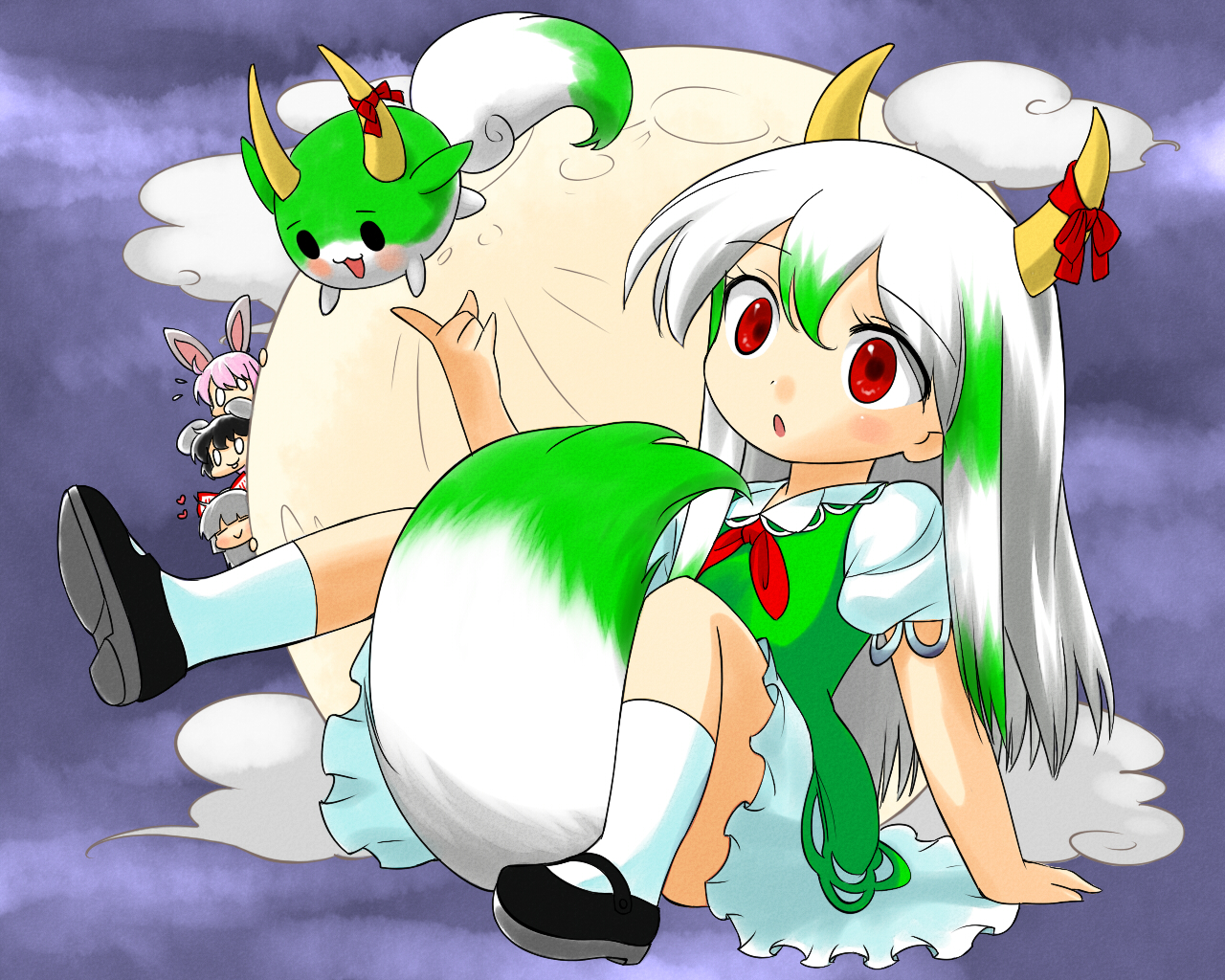 chagen kokimu, ex-keine, fujiwara no mokou, inaba tewi, kamishirasawa keine, kamishirasawa keine (hakutaku), reisen udongein inaba, sukusuku hakutaku, touhou, light purple hair, silver hair, bad id, bad pixiv id, 1girl, animal ears, between legs, black hair, female focus, horn ornament, horn ribbon, horns, leaning back, long hair, mary janes, moon, rabbit ears, red eyes, ribbon, shoes, short hair, tail, tail between legs