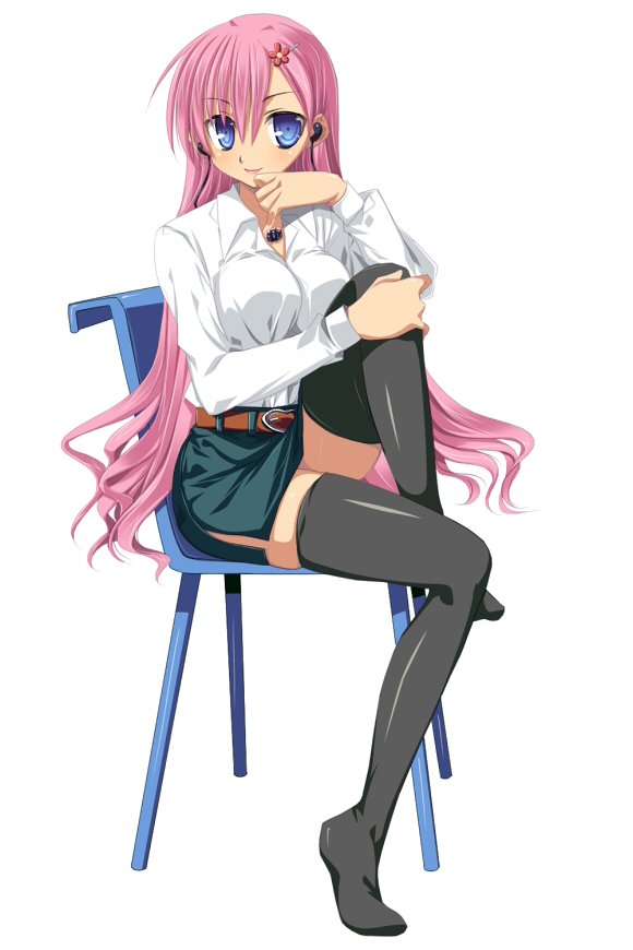 tajima yoshikazu, megurine luka, vocaloid, blue eyes, chair, denim, denim skirt, flower, full body, hair ornament, headphones, long hair, pink hair, sitting, skirt, solo, thighhighs, zettai ryouiki