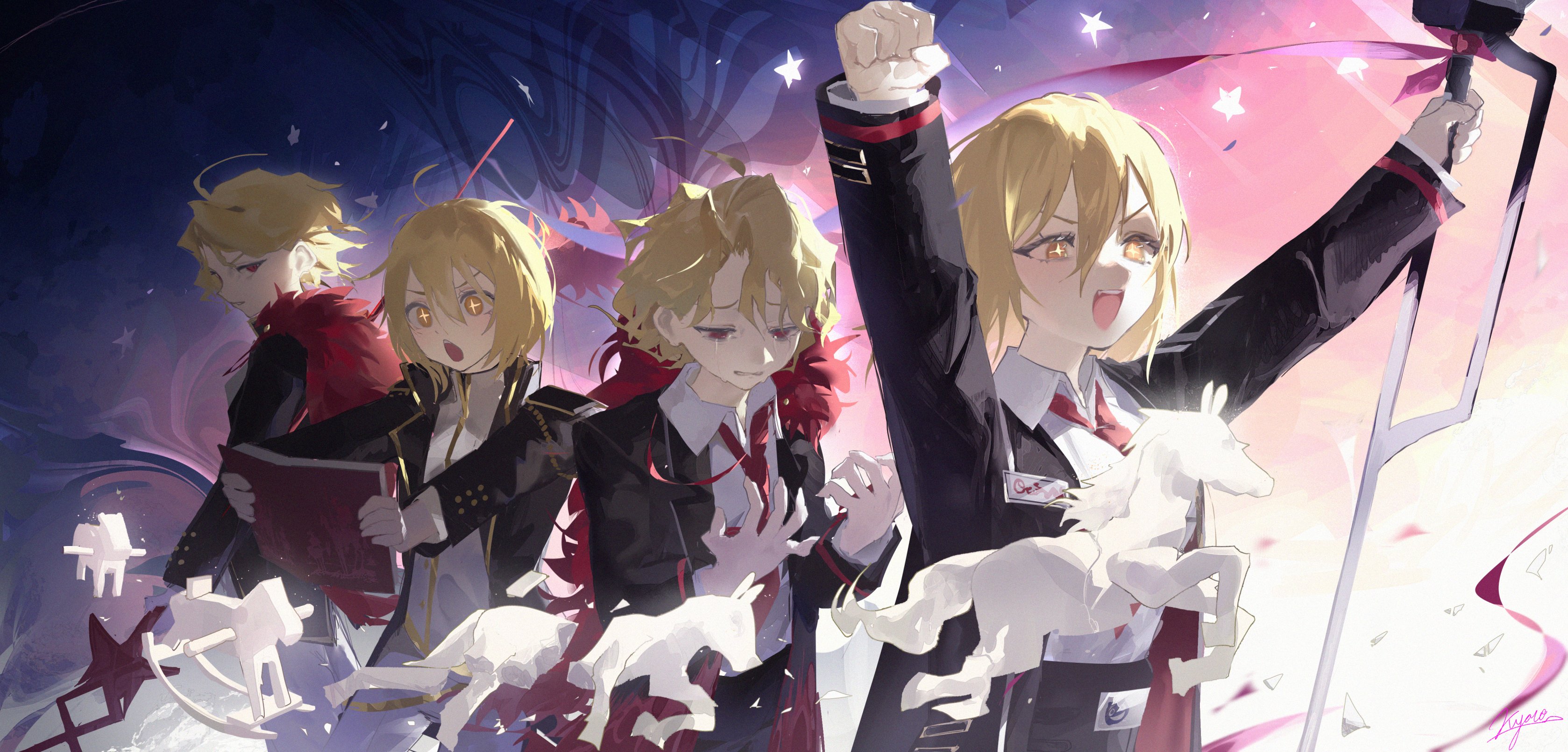 kyoro ina, don quixote (project moon), sancho (project moon), limbus company, project moon, absurdres, commentary, english commentary, highres, 1girl, arms up, black choker, black pants, blonde hair, choker, clenched hands, collared shirt, high-waist pants, holding, holding polearm, holding weapon, horse, lance, lapels, necktie, notched lapels, open mouth, pants, parted bangs, polearm, progression, red eyes, red necktie, rocking horse, shirt, short hair, smile, wavy hair, weapon, white shirt, wing collar