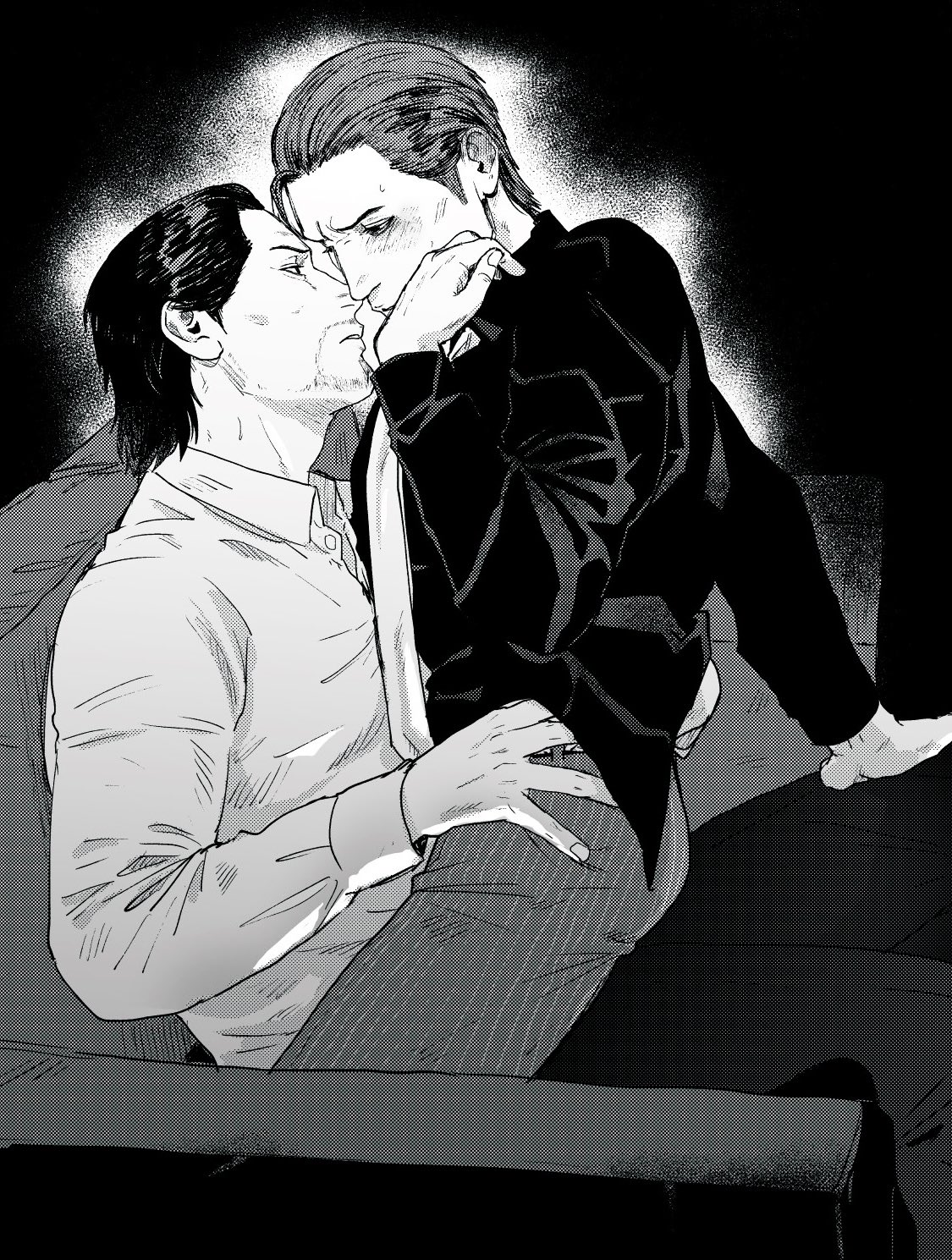 dojima daigo, mine yoshitaka, ryuu ga gotoku (series), ryuu ga gotoku 3, commentary request, highres, 2boys, ahoge, blush, couch, dress shirt, hair slicked back, hand under clothes, hand under shirt, imminent kiss, male focus, multiple boys, necktie, no jacket, pants, pinstripe pants, pinstripe pattern, shirt, sitting, sitting on lap, sitting on person, tyag53, yaoi