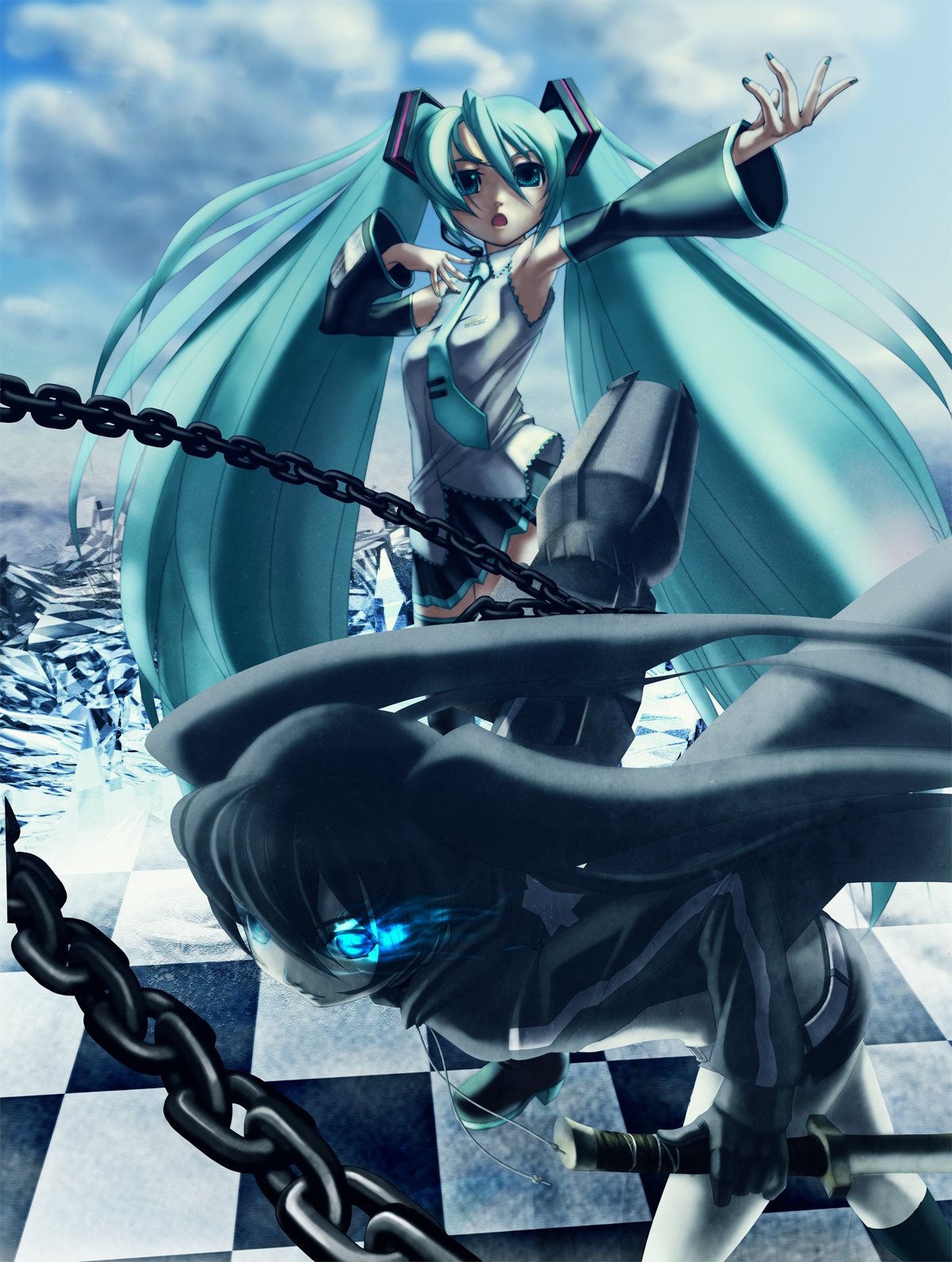 rin2008, rin (pixiv383427), black rock shooter (character), hatsune miku, black rock shooter, vocaloid, bad id, bad pixiv id, highres, 10s, 2girls, aqua eyes, aqua hair, arm cannon, black hair, blue eyes, chain, checkered floor, coat, detached sleeves, glowing, glowing eyes, gun, headset, long hair, multiple girls, necktie, open mouth, perspective, skirt, sword, thighhighs, twintails, very long hair, weapon, zettai ryouiki