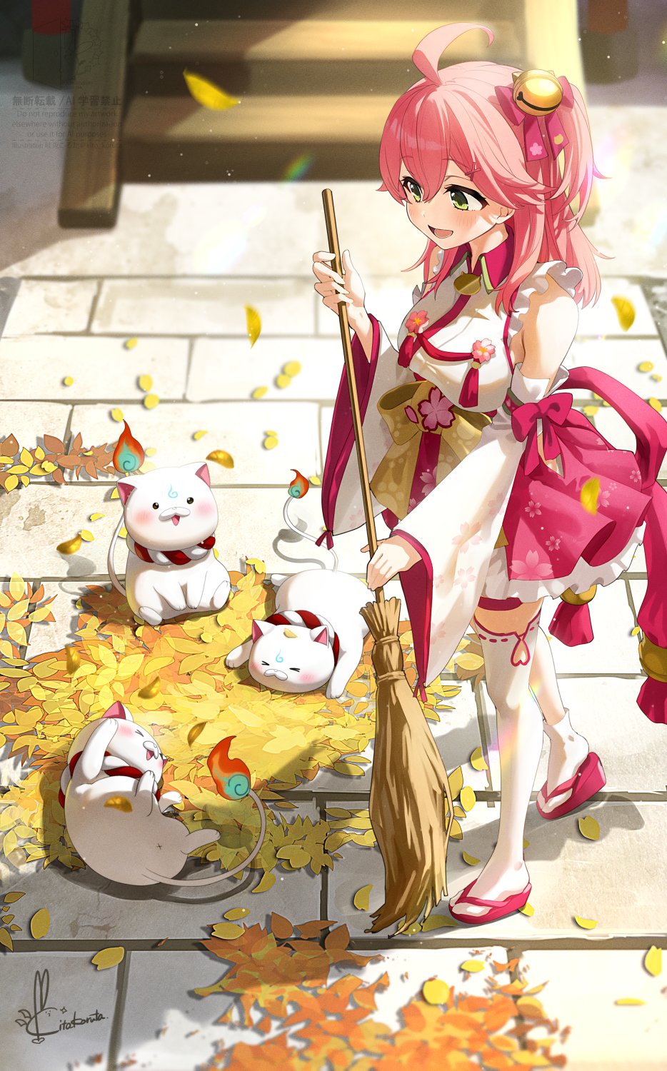 kito koruta, 35p (sakura miko), sakura miko, sakura miko (1st costume), hololive, commentary request, highres, 1girl, :d, ahoge, asymmetrical legwear, bell, breasts, broom, clothing cutout, day, detached sleeves, double-parted bangs, frilled kimono, frills, geta, green eyes, hair bell, hair between eyes, hair ornament, hairclip, hakama, hakama short skirt, hakama skirt, hip vent, holding, holding broom, japanese clothes, jingle bell, kimono, large breasts, leaf, long hair, nontraditional miko, one side up, open mouth, outdoors, pink hair, pink hakama, single thighhigh, skirt, sleeveless, sleeveless kimono, smile, socks, solo, tabi, thighhighs, uneven legwear, virtual youtuber, white sleeves, white socks, white thighhighs, wide sleeves, x hair ornament