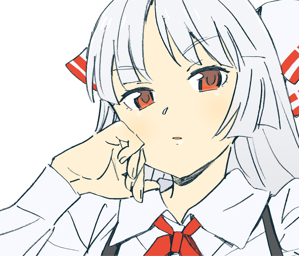 katou haruaki, fujiwara no mokou, touhou, silver hair, 1girl, bow, female focus, hair bow, long hair, red eyes, solo, suspenders