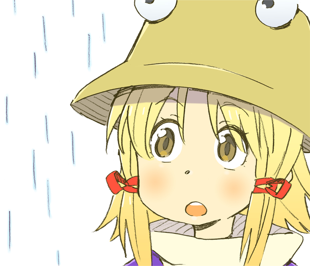 katou haruaki, moriya suwako, touhou, 1girl, blonde hair, female focus, hair ribbon, hat, outdoors, ribbon, short hair, solo, white background, yellow eyes
