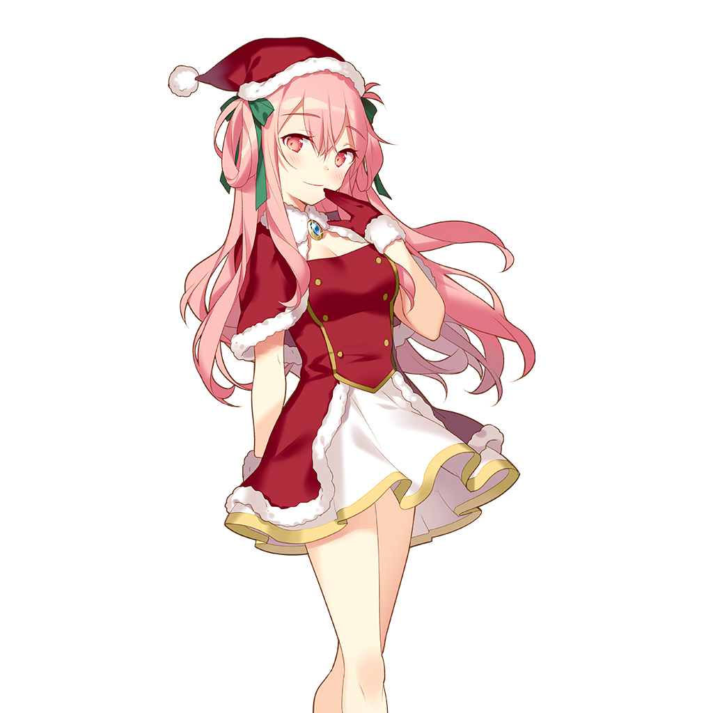 rie (reverie), uchi no hime-sama ga ichiban kawaii, commentary request, 1girl, bare legs, breasts, cape, cleavage, dress, fur-trimmed cape, fur-trimmed gloves, fur trim, gloves, hair rings, hand to own mouth, hat, long hair, medium breasts, pink eyes, pink hair, red cape, red gloves, ron cercle, santa costume, santa dress, santa hat, very long hair